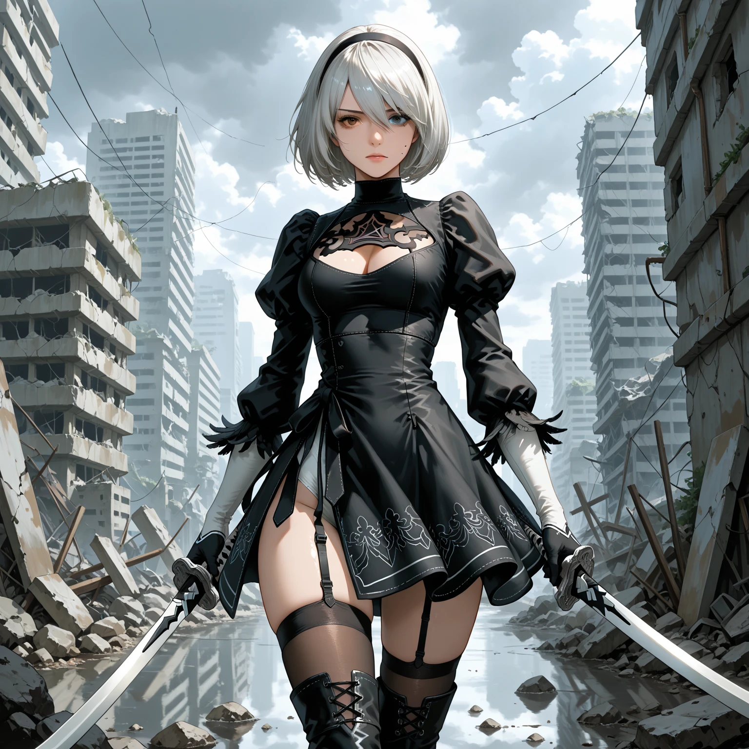 Detalhes realistas, Holding a Japanese sword in hand...., Black Short Skirt, the anime, (Based on nier automata) the perfect body, The Perfect Girl, perfect details, Ultra HD |, 8K, Professional photo, Anime Style 2B, Extremely detailed (Very beautiful blue eyes), destroyed slums, Standing in a fighting stance, fighting posture, green gas, mist, Arcane style, the night, explosions, The Flash, Arcane style, extremely detailed CG unity 8k wallpaper, detailed light, Cinematic lighting, chromatic aberration, glittering, expressionless, extremely detailed CG unity 8k wallpaper, detailed light, Jinx's character design, epic composition, dark in the background, Very detailed, Detailed body, Detailed Face, sharp-focus, sharp-focus, Very drooping face, 詳細な目, super fine illustration, better shadow, finely detail, Beautiful detailed glow, Beautiful detailed, Extremely detailed, expressionless, epic composition, Unreal EngineСтиль графики Copy, Presented at artstation, Octane Render, cgsociety, artstation hd, Cinematic, CGsociety 4 K, hypermaximalist, ele\(League of Legends\)