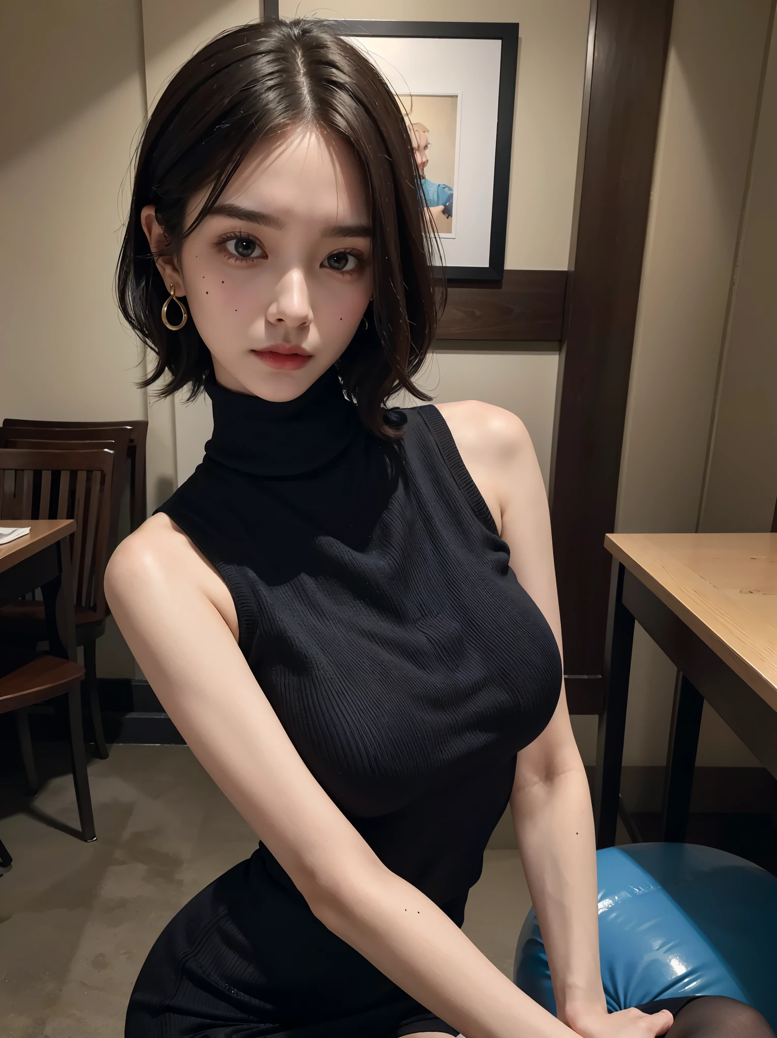 absurdres, (RAW photo), (extremely delicate and beautiful), (masterpiece), (Best Quality), (ultra high resolution), (32k), (hyperrealistic), (ultra-detailed), (perfect anatomy:1.2), perfect figure, super Detailed skin, Very detailed CG 8k wallpaper, 30 years old, very Slim body, narrow waist, very small head, very small face, delicate facial features, tearful mole, earring, thin legs, (very huge round breasts:1.2), (full body shot), short hair, (wavy hair:1.2), wet clothes, ((gray purple sleeveless high neck sweater, black pleated skirt)),