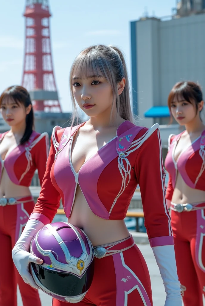 A brave and courageous image of a 6 member ranger team, Each one is decorated in vibrant colors such as:: Neon Pink, Sunset Orange, Fire engine red, plasma violet, Fluorescent Green, shocking yellow. Dynamic poses in a background that exudes energy and courage, Embodying the essence of the classic Sentai superhero team. Each Ranger:: The attire is sophisticated and modern, Each color has elements that reflect its theme., Ready for action. ((Camel Toe))