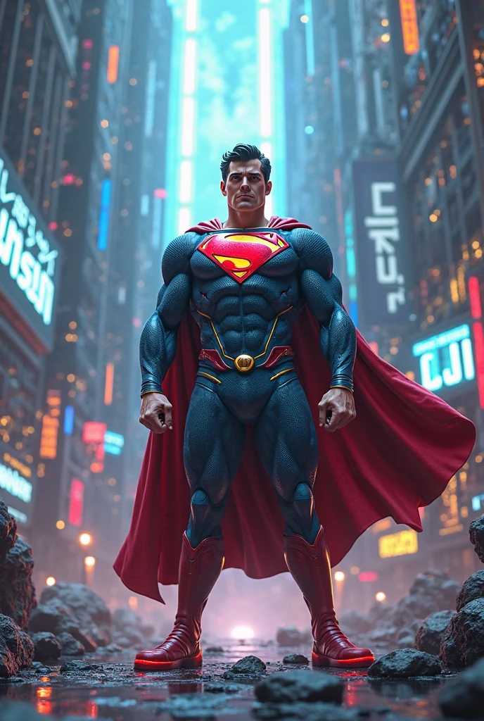 SUPERMAN, wearing HEV Suit, (reimagined in a cyberpunk universe), (cyberpunk style), (cyberpunk), (cyberpunk outfit), punk hair, (augmentation), (cybernetics), glowing neon lights, cinematic scene, hero view, action pose, beautiful 8k, detailed background, masterpiece, best quality, high quality, absurdness, vivid, detailed skin texture, (blush:0.5), (goosebumps:0.5), subsurface scattering.