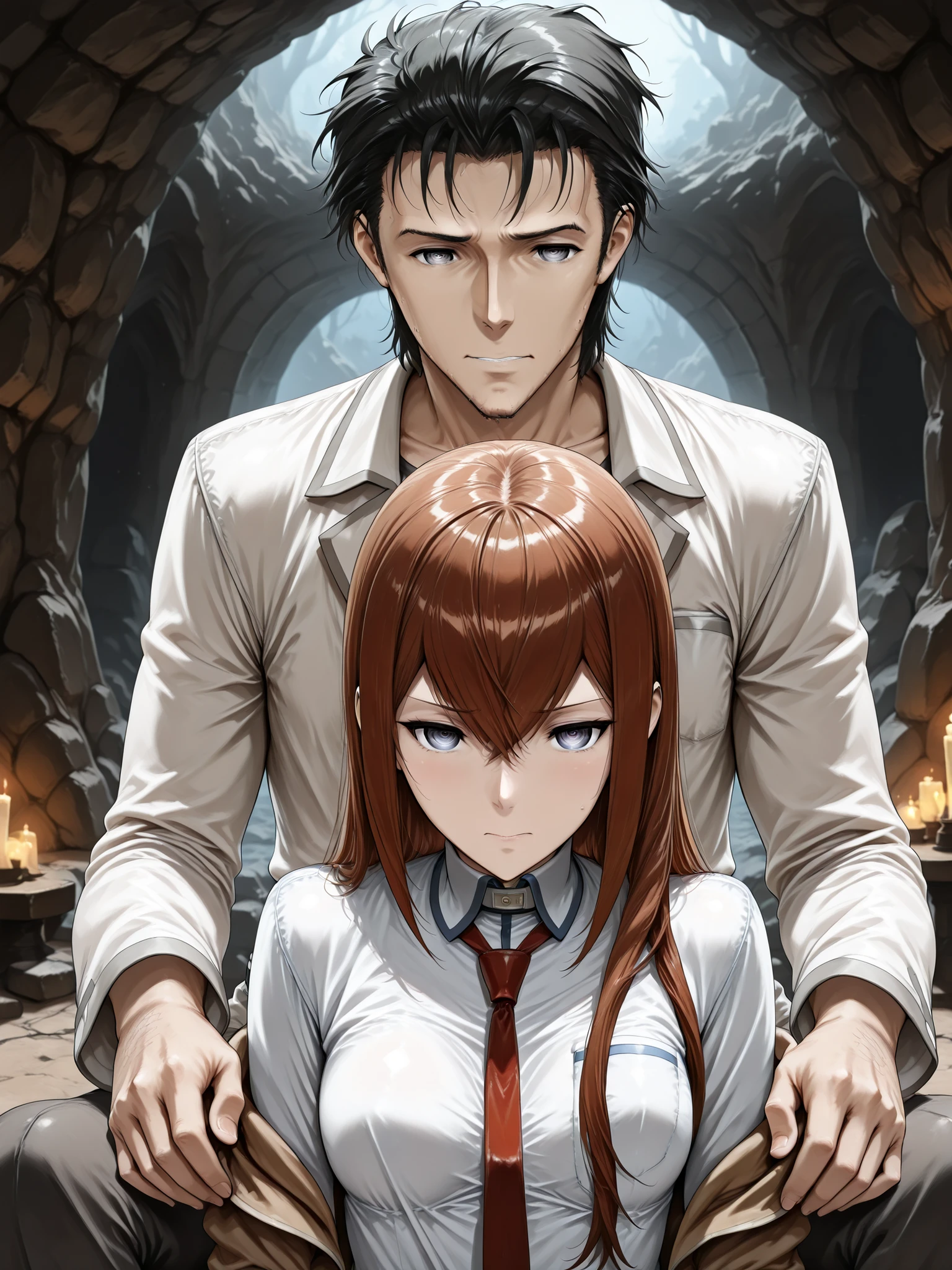 ((Best Quality)),( super high definition),(Super detailed),( detailed description ),((The best CG)),(masterpiece),  dark dungeon,dark cave,lanthorn,(1boy and 1girl,1boy is a Okabe rintaro,1girl is a Makise Kurisu,the boy protects the girl,the girl is no jacket )deep kissing 