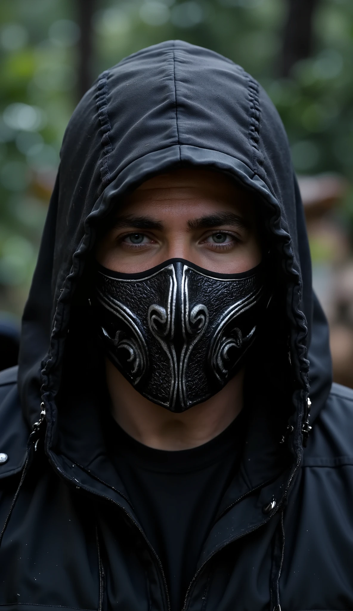 Jake Gyllenhaal
characterized as Noob Saibot from Mortal Kombat Hyper-realistic photographic style. Close-up top. Extremely realistic metallic black mask and silver details. flawless skin texture. bottom: dense forest, Greg Rutkowski style . dramatic lighting. 8K. 8K, renderizados no bottom realista do Unreal Engine 5. Ultra-detailed textures, cinematic lighting