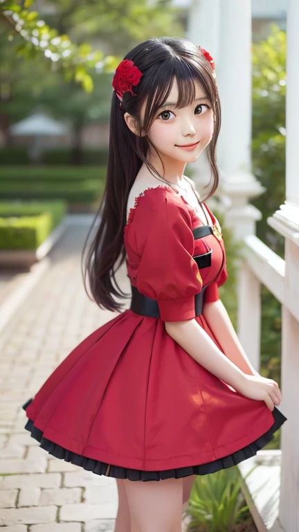Anime girl in a red and black dress with a red flower in her hair, artwork in the style of Gwaiz, Gwaiz, Chinese Girl, Trending on cgstation, Cute anime waifu in a nice dress, Gwaiz on pixiv artstation, palace ， Girl in Hanfu, Beautiful digital art, Gwaiz on artstation pixiv, smiling