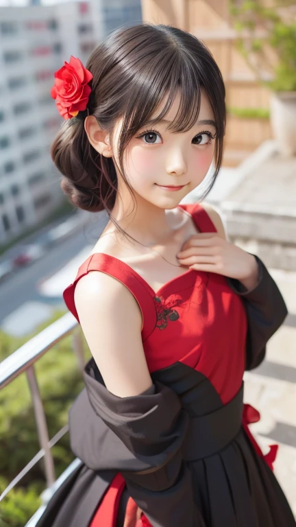 Anime girl in a red and black dress with a red flower in her hair, artwork in the style of Gwaiz, Gwaiz, Chinese Girl, Trending on cgstation, Cute anime waifu in a nice dress, Gwaiz on pixiv artstation, palace , Girl in Hanfu, Beautiful digital art, Gwaiz on artstation pixiv, smiling
