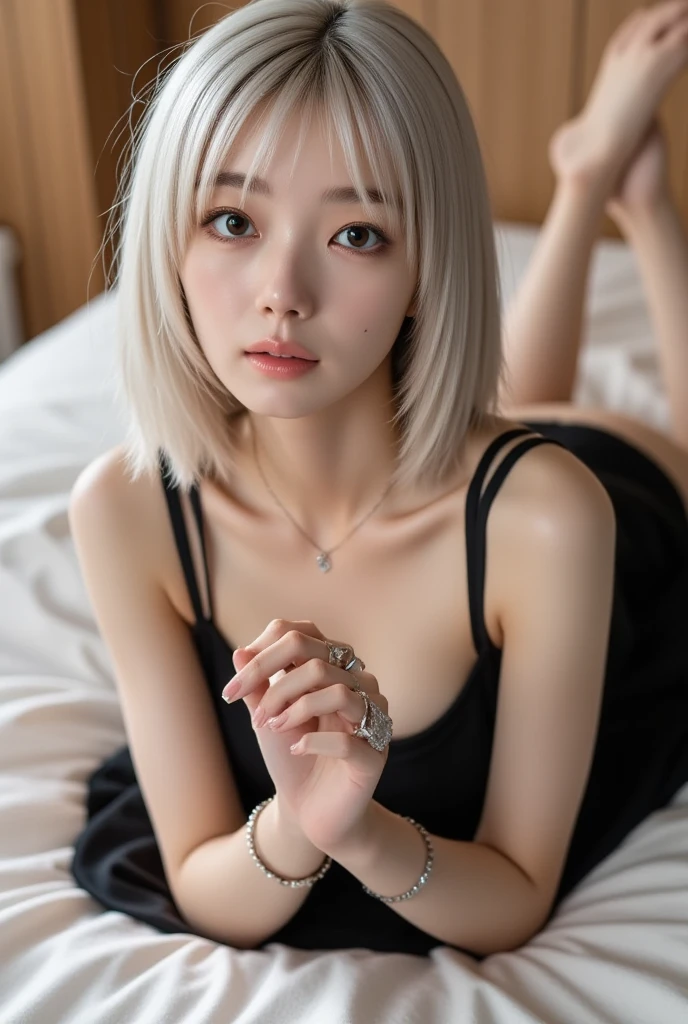 ((Highest quality)), ((masterpiece)), (detailed), One girl, Sexy M-shaped legs
Silver short hair