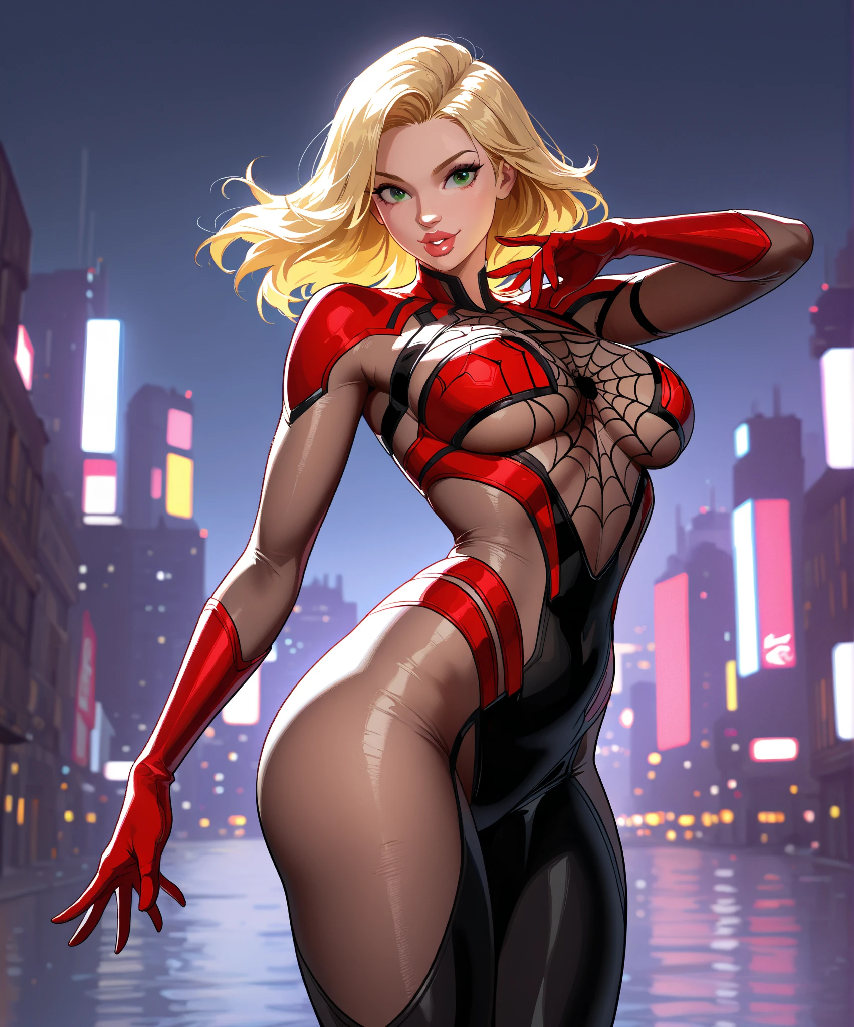 a woman with blonde hair wearing a black and red spider-themed suit, detailed face, big breasts, standing pose, dramatic lighting and shadow details, 8k, ultra-detailed, photorealistic, masterpiece