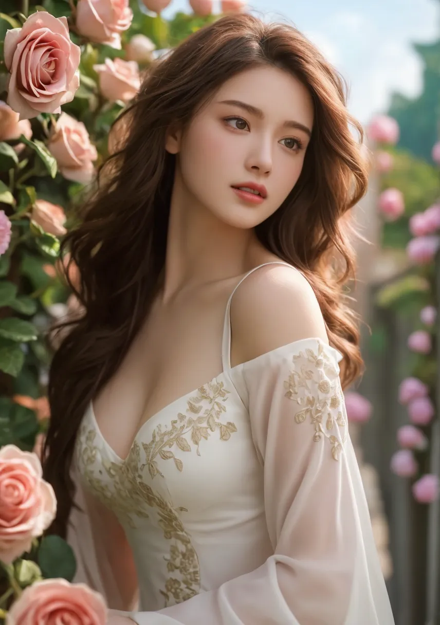 best quality, 30-year-old female, Huge breasts, Brown long hair, blue eyes, tight white dress, Sunset, Upper Body, Sexy, Angelic, Thin fabric, see through, Divine Light, Fluffy clouds, Colorful flower fields,