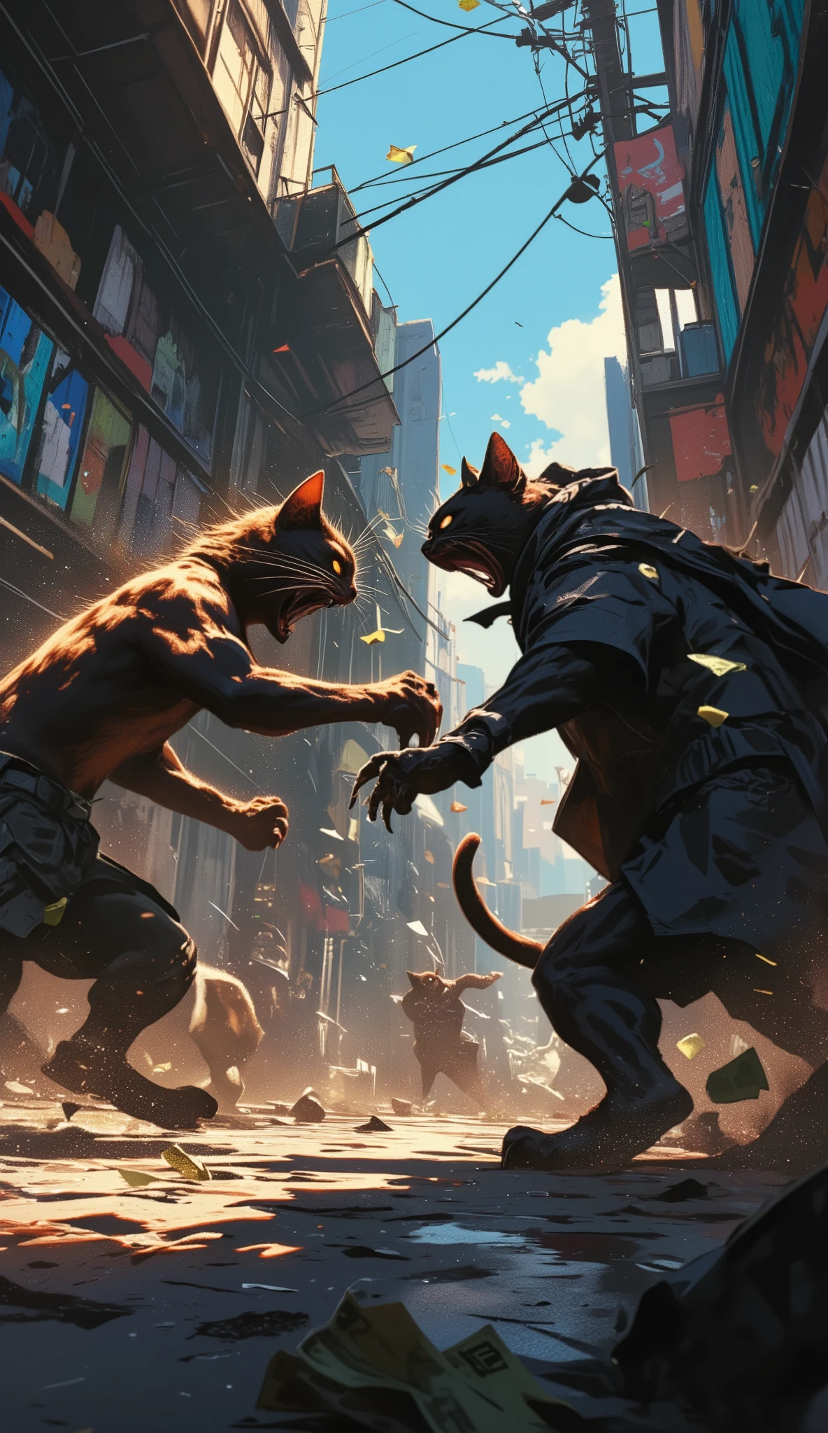 (最高傑作、最高傑作、32K, 受賞作品), GTA-style animation, cats fighting over territory in the back streets of Los Santos, bills flying, bribery, physical assaults, cat punches,