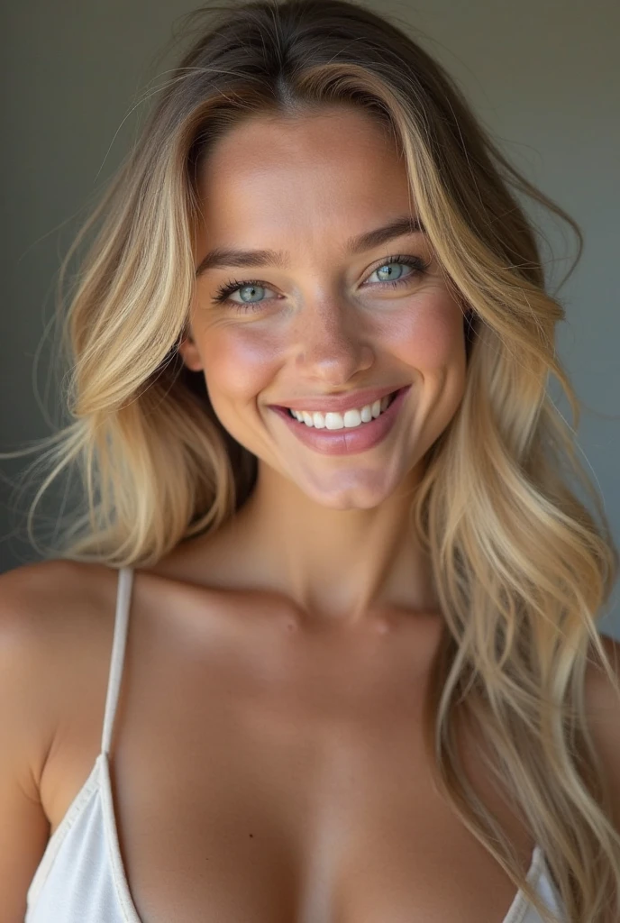 a closeup dark full body top to bottom shot photo of a blonde with perfect eyes, smile,