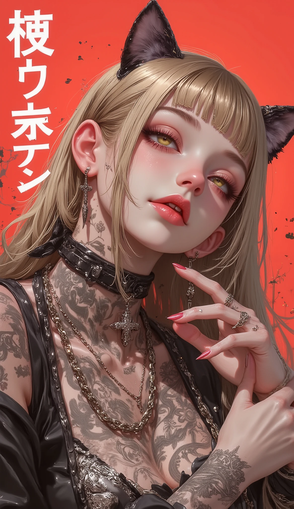 extremely detailed CG, high resolution, best quality, masterpiece,
Single solid color Background、(masterpiece, top quality),a blond、verd s eyes、Cat's ears、Cat tattoo、girl with、masterpiece、Daisaku、8K 、hight resolution