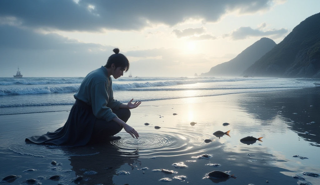Short white hair girl, with white jacket and headband, reflected in crystal clear waters,full HD,8k,realist
