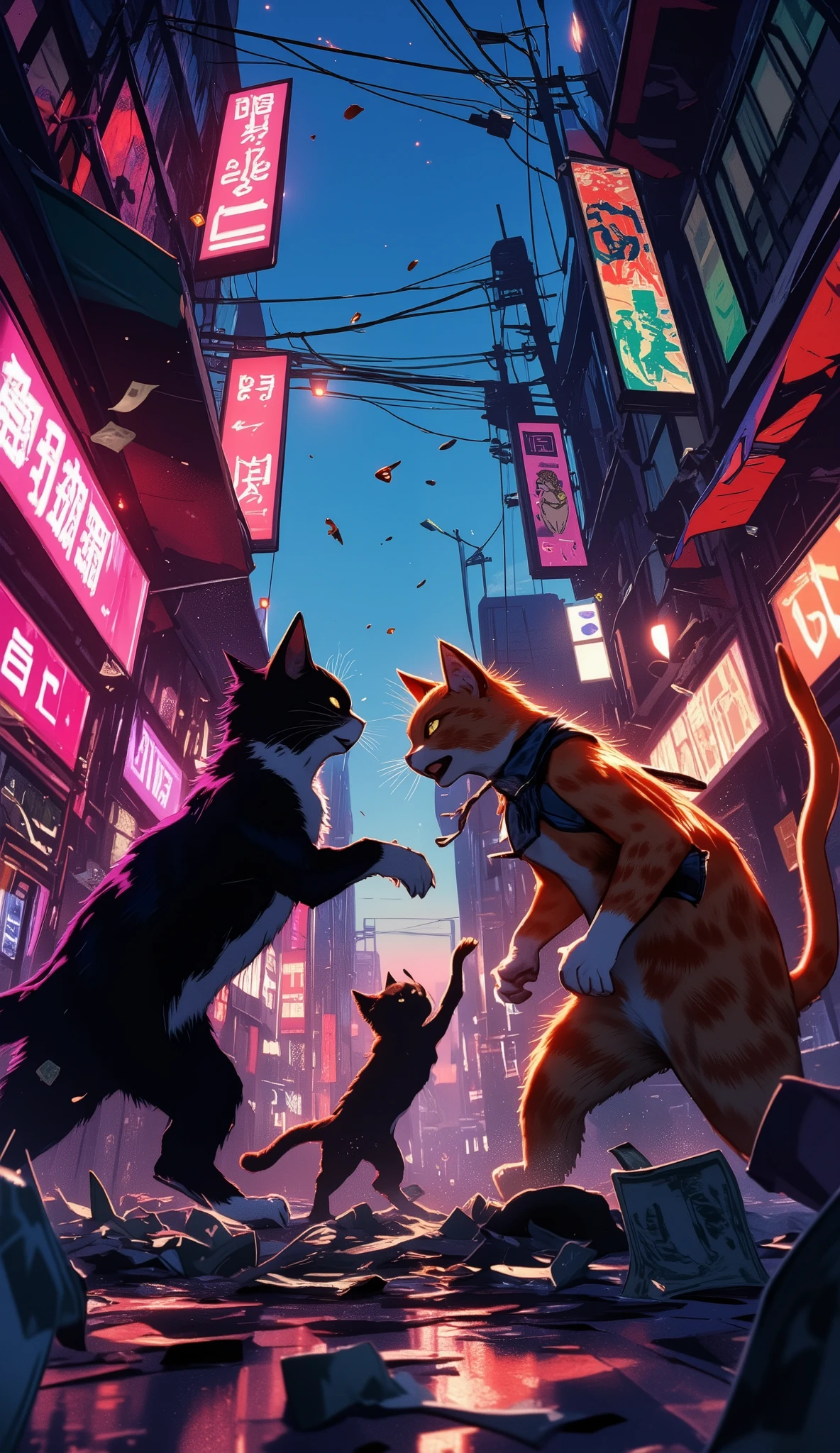 (最高傑作、最高傑作、32K, 受賞作品), GTA-style animation, cats fighting over territory in the back streets of Los Santos, bills flying, bribery
