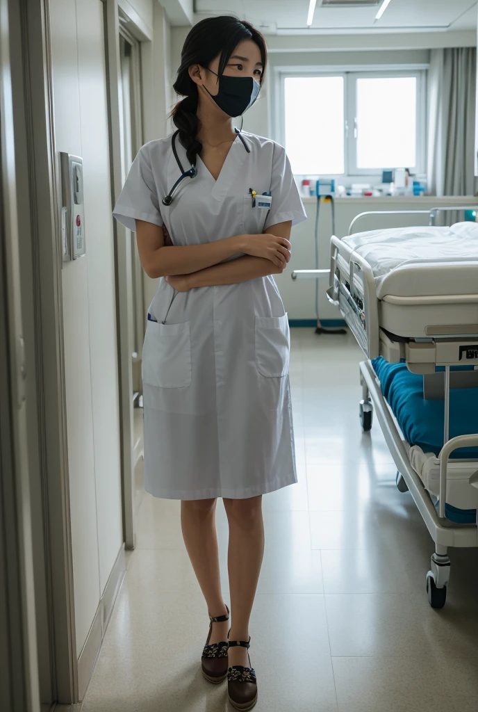 masterpiece, best quality, 16K, hospital, operating room, old woman, interior photo, glad, smiling, (standing), (looking back), (looking at viewer), long hair, ponytail, black hair, eyes open, (large breasts:1.32), (wrinkles corners eyes:1.32), (nasolabial:1.32), (old skin:1.32), freckled skin, wrinkles skin, pale skin, (old muscles:1.2), plump, {(nurse), ((breast pocket)), ((collared dress)), ((short dress:1.48)), ((short sleeves)), ((thighs)), (pink dress), (pink headwear), tee-back panties, (pink sandals), ((stethoscope))}, beauty mark, 65-year-old, old, elderly, japanese, inside, in the hospital, with a operating table, in the afternoon, real person, ultra realistic photo, nsfw, full body shot, from front, front view