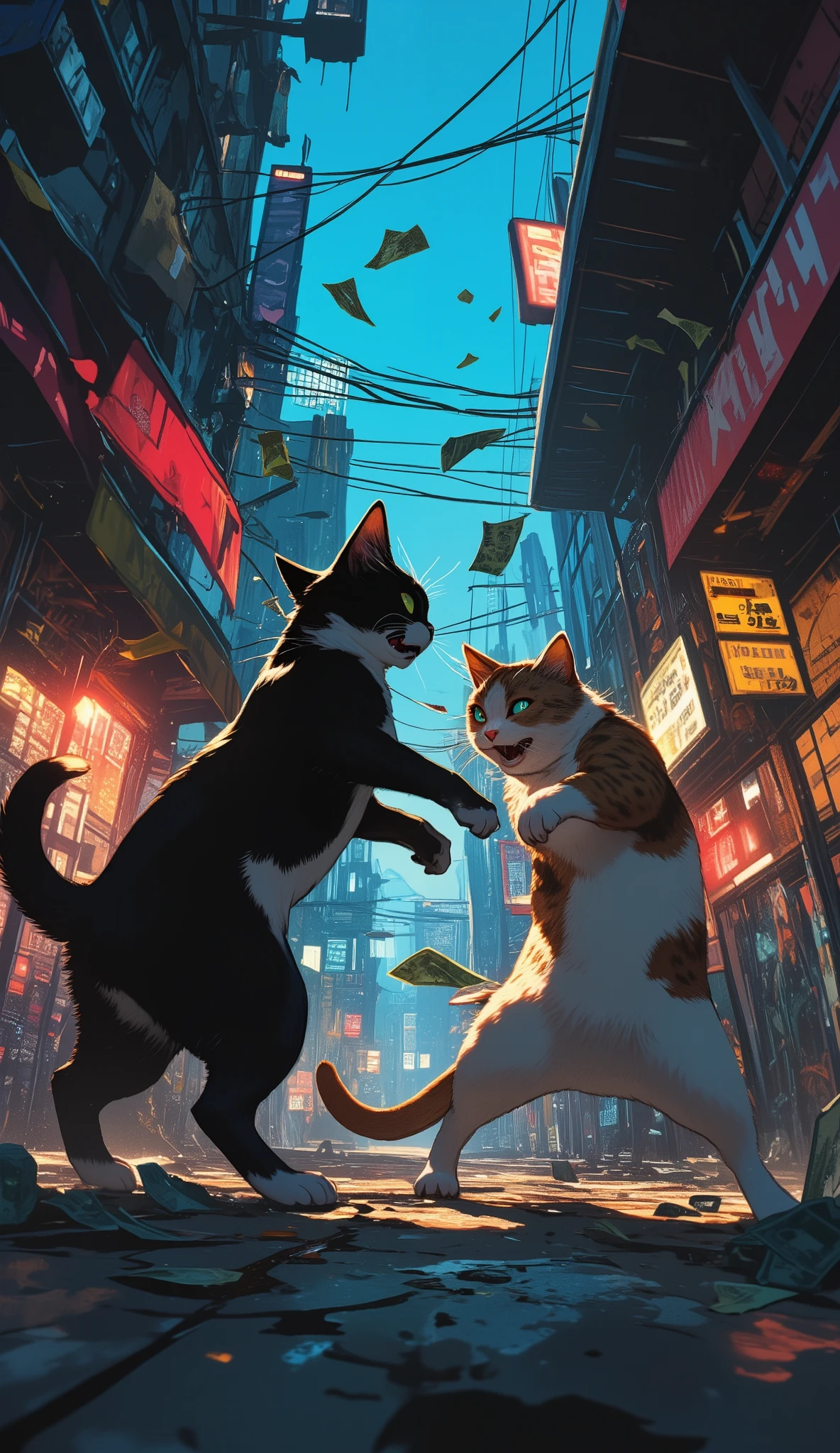 (最高傑作、最高傑作、32K, 受賞作品), GTA-style animation, cats fighting over territory in the back streets of Los Santos, bills flying, bribery