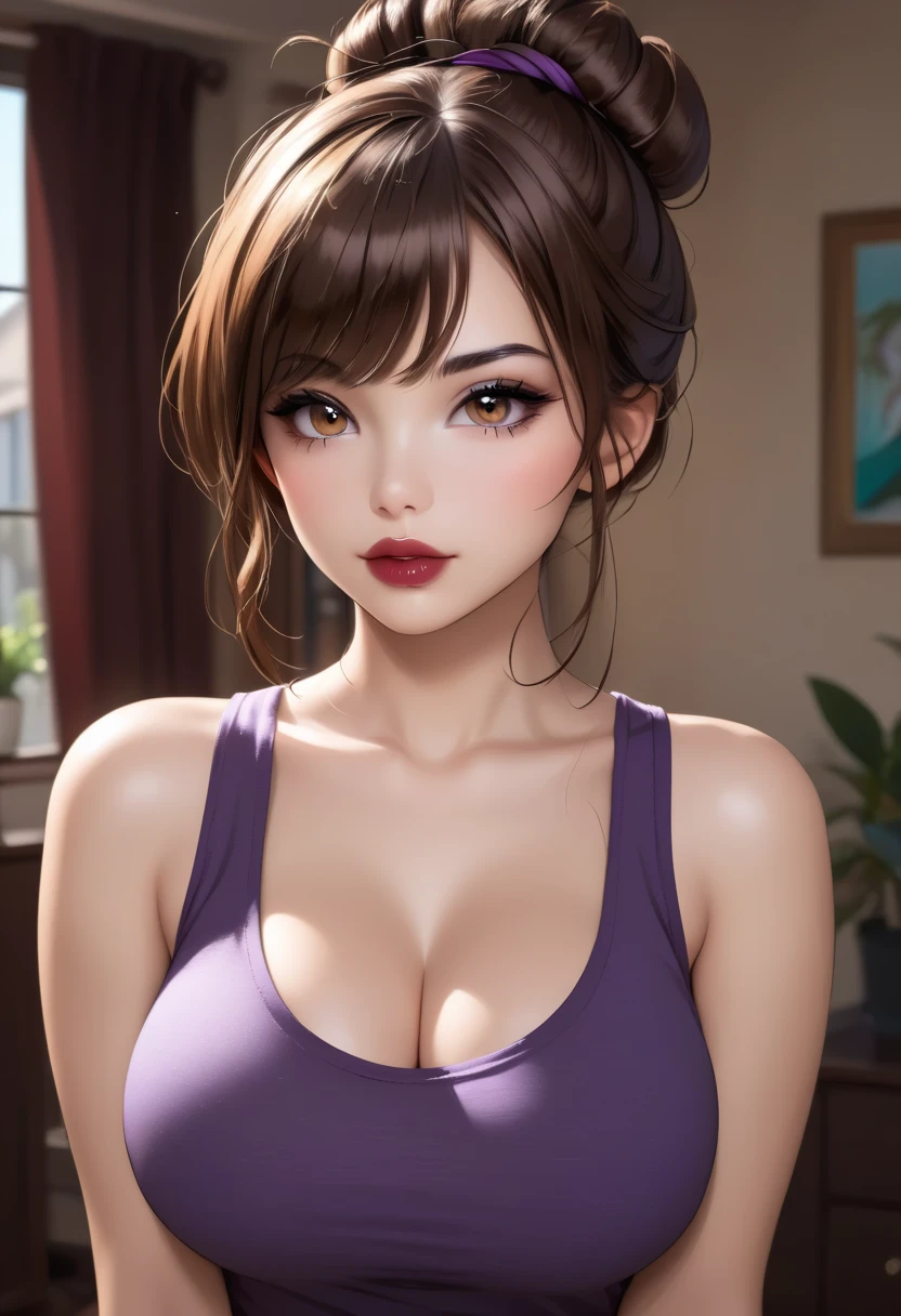 Masterpiece, Best Quality, (((Solo mature woman Janet))), (((Brown hair))), Ponytail, (((wide hips))), (((aqua green eyes))), full lips, seductive smile, cleavage, kneeling on mat, outdoors, blushing, , "beautiful mature face" , age30 , MILF , adult ((yoga pants and sports bra)),,bare shoulder, ((Sexual suggestiveness)), perfect beautiful eyes, detailed eyes. thick lips, ((big boobs)), (Thick thighs)