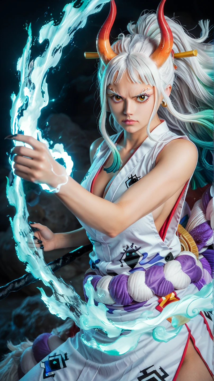 Anime Kny white-haired girl in a dark reddish-purple uniform with a cleavage on her breasts, emerald green eyes and a yellow katana