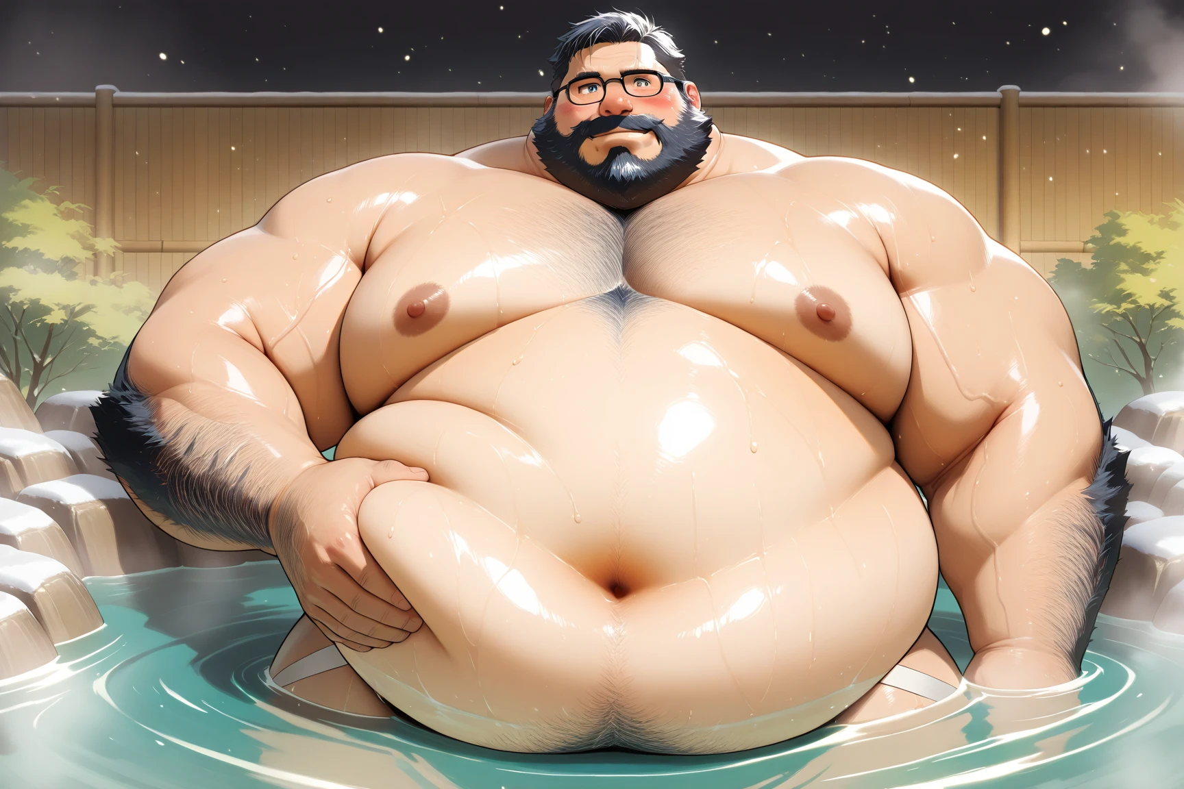 male, (mature daddy swimming coach), (naked upper body), erecton upward, handsome, muscular, fat, hairy, (blush), (posture with arms crossed), (suprised because of his precum), middle aged man, homoerotic, Standing, realistic, night, delicate eyes, hairy legs