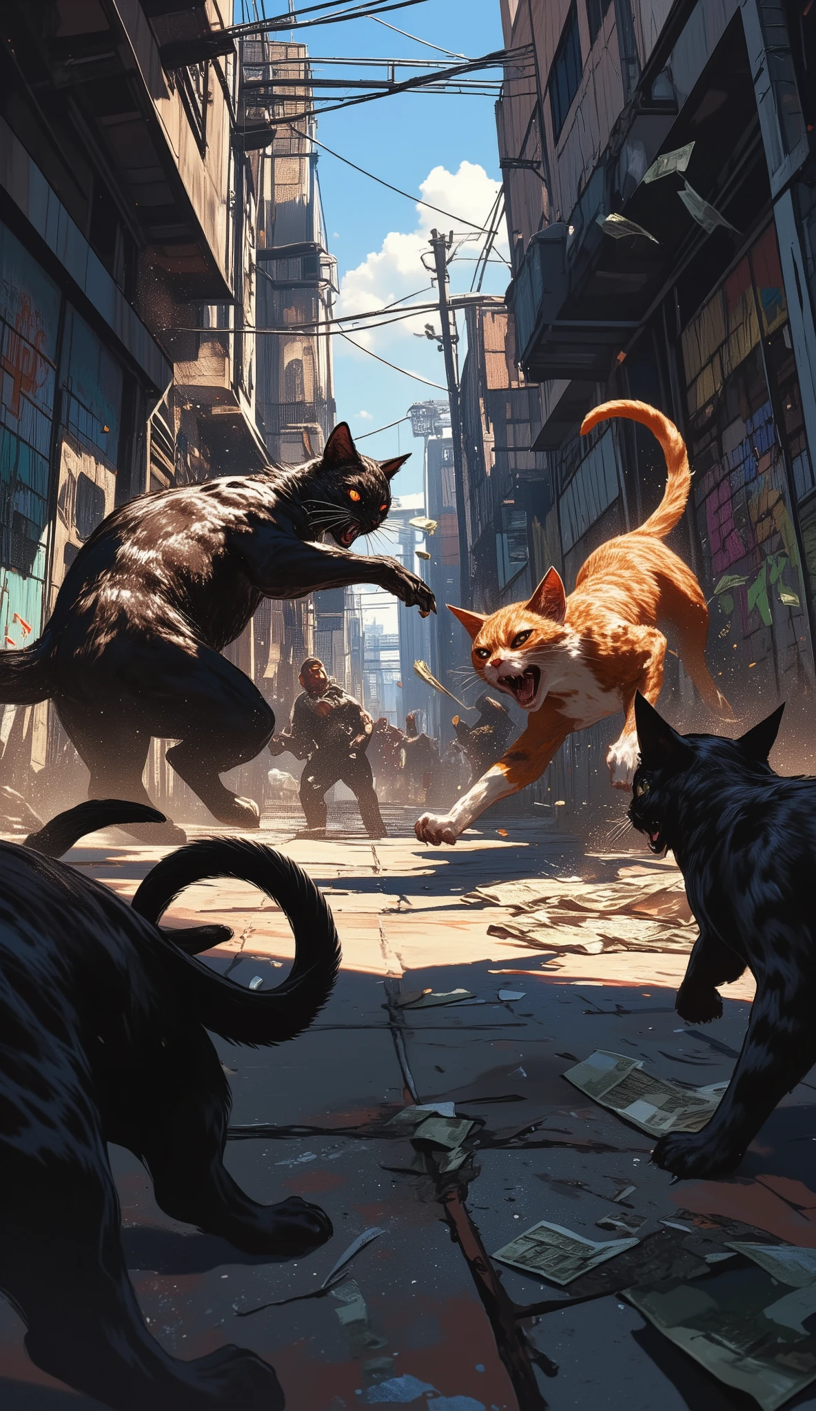 (最高傑作、最高傑作、32K, 受賞作品), GTA-style animation, cats fighting over territory in the back streets of Los Santos, bills flying, bribery, physical assaults, cat punches,