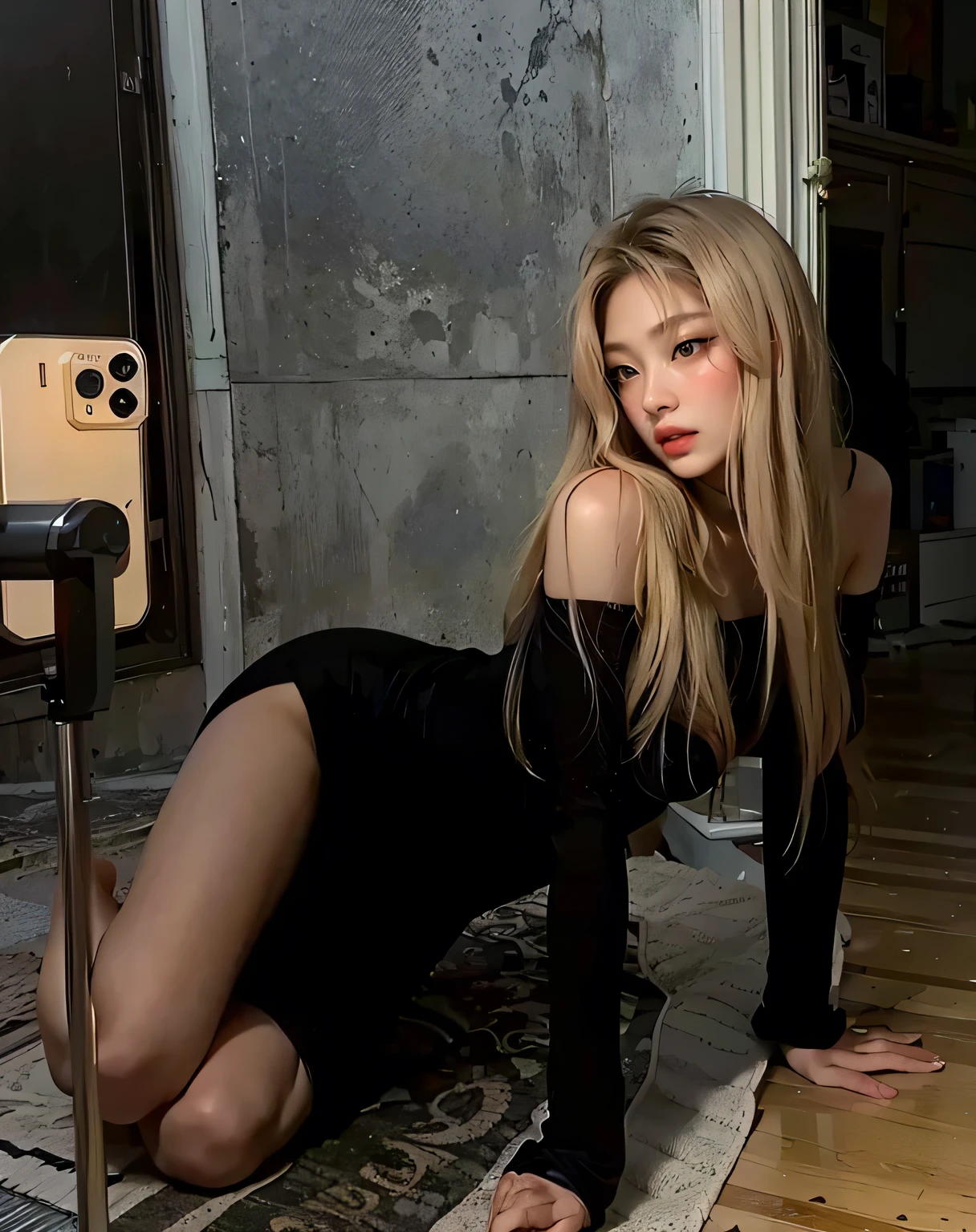blonde woman in vestido preto taking a selfie with her phone, 2 modelo feminino de 4 anos, she is wearing a vestido preto, wearing a tight vestido preto, vestido apertado, pose lateral, roupa apertada, rosto bonito com braços e pernas, succubus in tight vestido curto, roupa preta, vestido preto, vestido todo de preto, traje apertado, Kailee Mandel, vestido curto, blackpink jennie