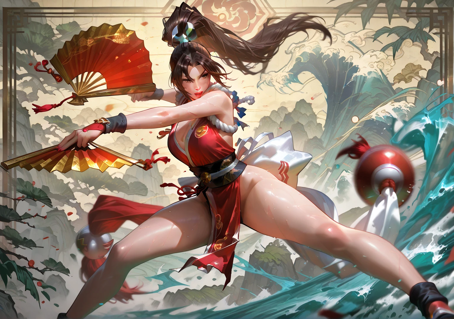 ((Master quality, 8K, masterpiece:1.3, ultra-detailed, high resolution, RAW Photos, detailed Realistic background, cinematic lighting)), Actual, Realistic, photo, HDR, BREAK, detailed eyes, perfect anatomy, perfect hands, BREAK, , One person alone, Mai Shiranui(King Of Fighters), beautiful , (Sitting on a Sun_lounger and posing sexy, spread legs), Grey Eyes, ponytail hair, ( Round and Stacked Breasts ), , Cleavage, Slim waist, , smile:1.5, Sweat-soaked skin, wearing( Slingshot Swimsuit, ), Graffiti art, (, Random Angle, full-body, ), BREAK, Licking a icecream , Beach_parasol, Beach cocktails on a round table, dynamic angle, outdoor, beach