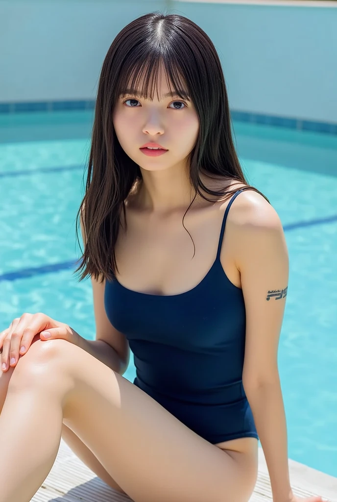 1 Girl,moyou,Bangs hairstyle,face,White Background,笑face,,Big Breasts、School swimming pool、School Swimsuit、From the knee up、blue sky、In the pool、Wet、(Burning idol pose)