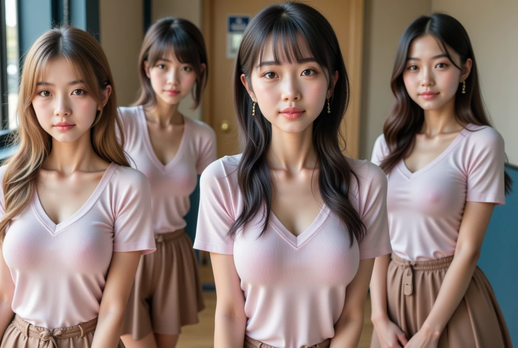 (masterpiece:1.5),(highest quality:1.5),(Highest quality:1.5),(8K:1.5),A group of elementary school girls wearing very short pink plaid skirts,Young face,smile,(Big Breasts:1.2),Very tight shirt,(Angle from below:1.3),Panty shot,Junior idol