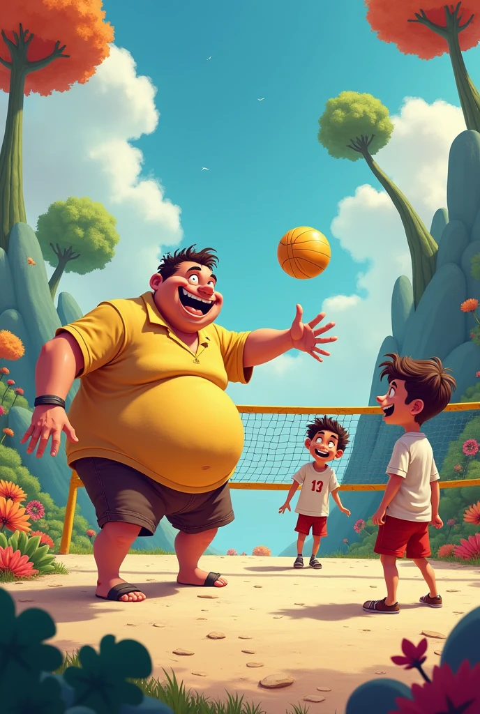 A fat man,bald and smiling playing volleyball against a tall tall man with braces on his teeth and with hair they are in a mental hospital