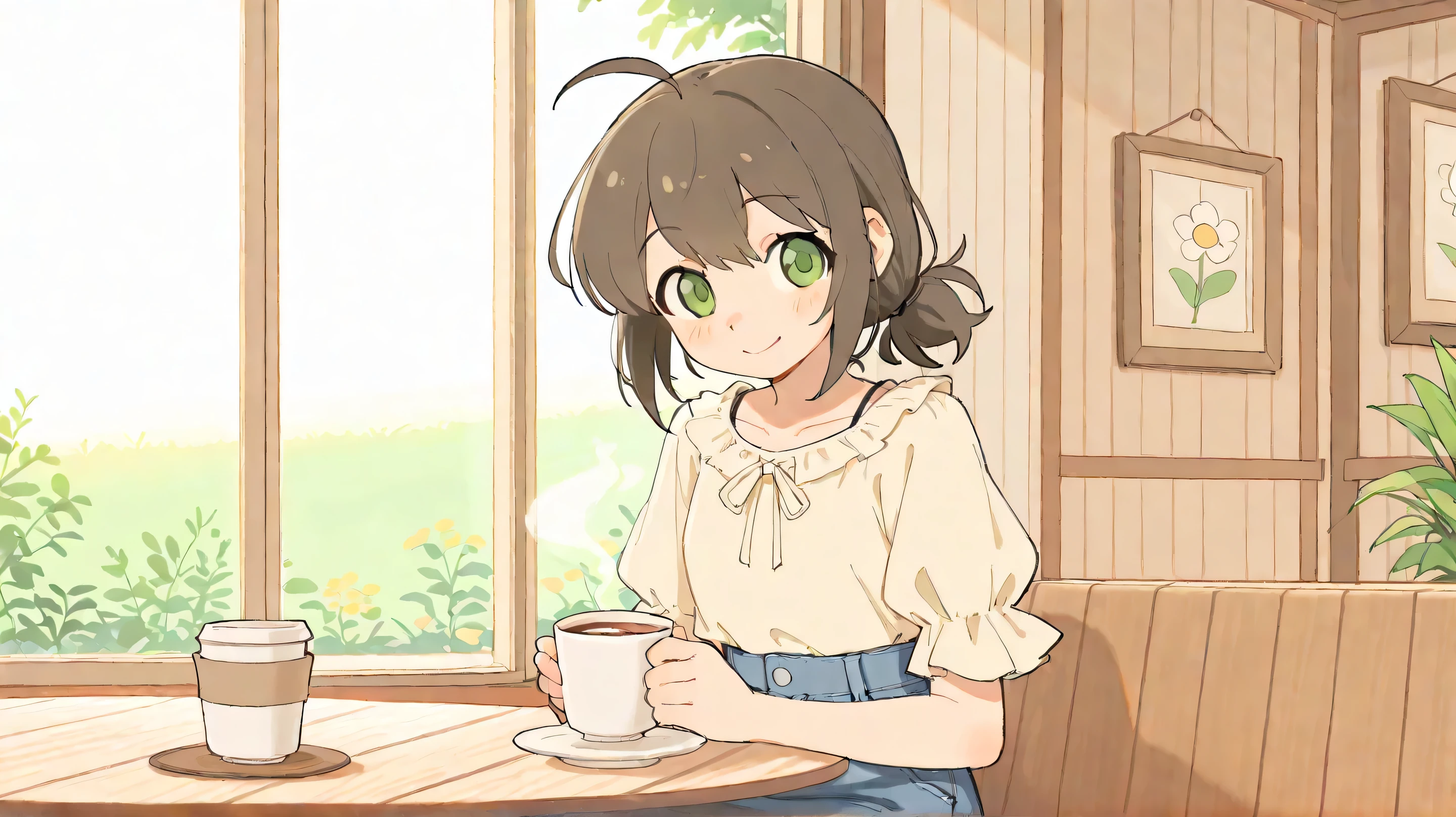 masterpiece, best quality, newest, absurdres, highres,
short dark brown hair, ahoge, shiny green eyes, 1girl, solo, relaxed and cheerful expression, soft smile, soft blush, sitting at a cafe table, enjoying peaceful atmosphere, cozy outdoor café, casual outfit: pastel-colored blouse with short sleeves, denim skirt, white sneakers, stylish but comfy look, holding a cup of coffee or tea, warm afternoon sunlight, gentle breeze, soft shadows, flowers or plants nearby, clean anime style, modern café setting, natural lighting, urban chill vibe