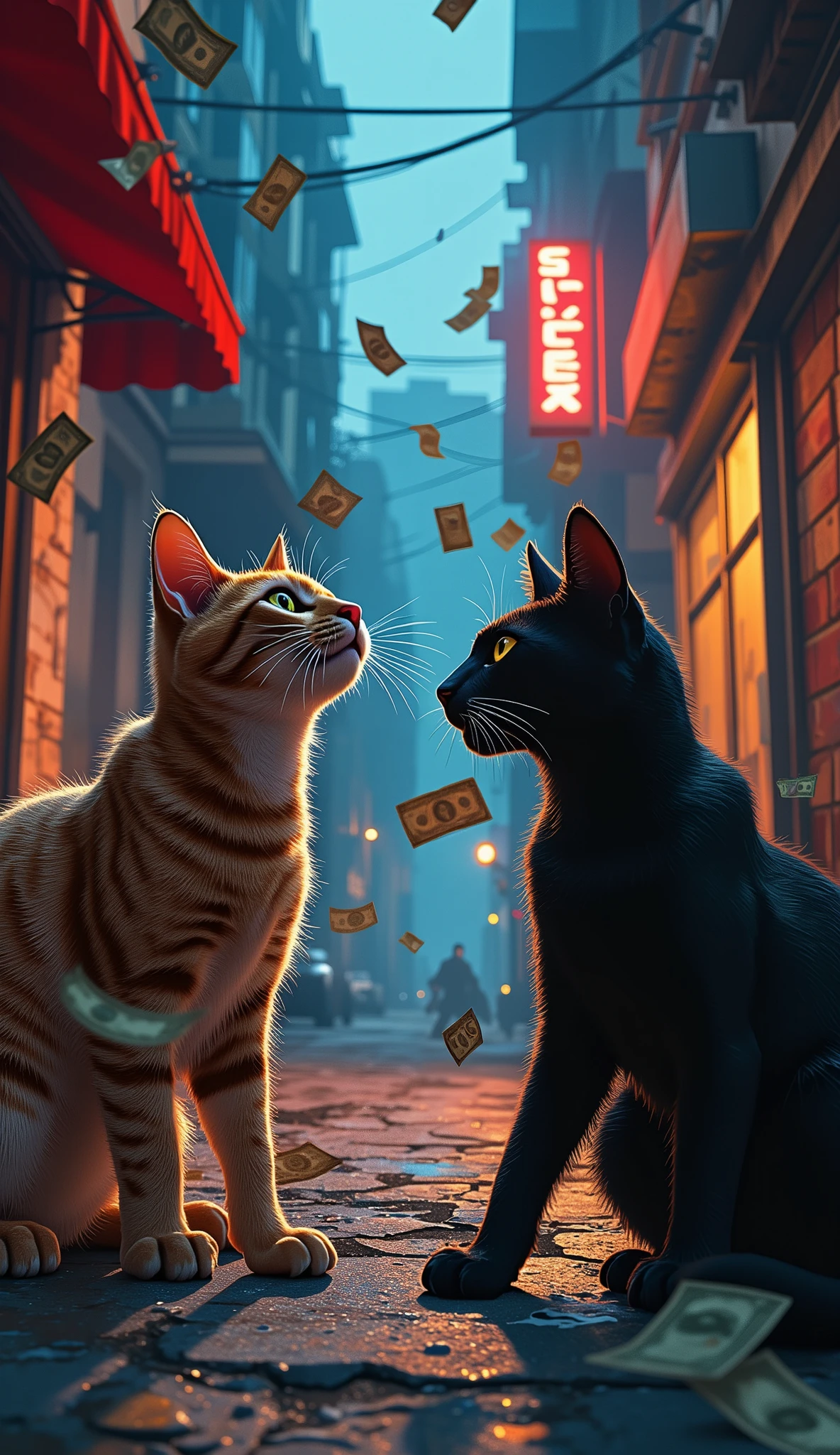 (最高傑作、最高傑作、32K, 受賞作品), GTA-style animation, cats fighting over territory in the back streets of Los Santos, bills flying, bribery