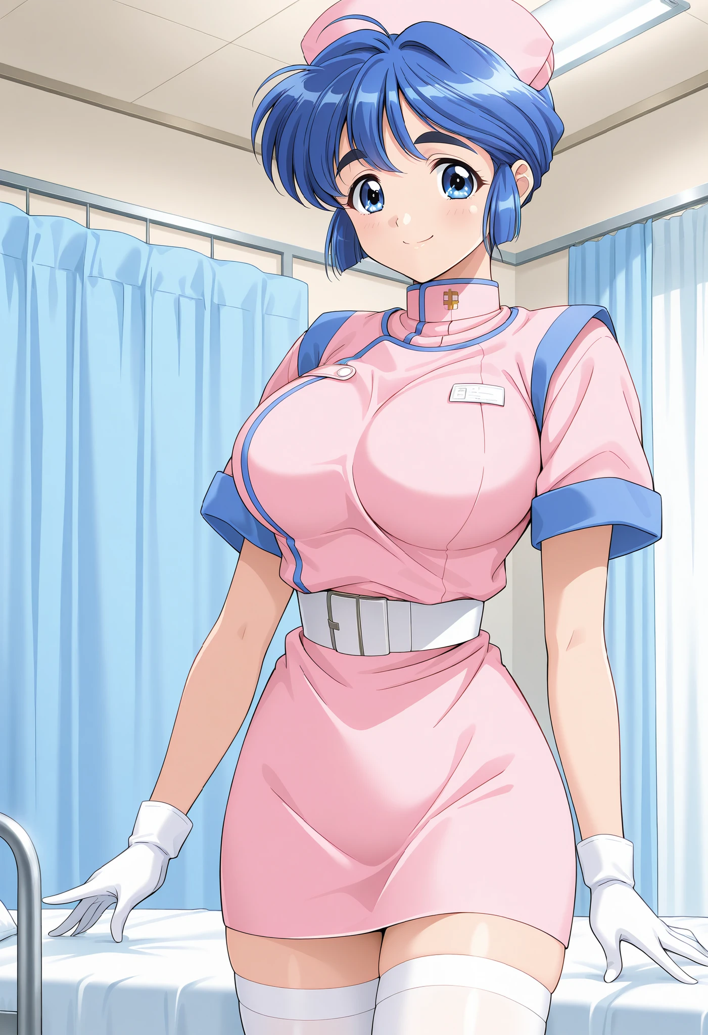<lora:Mamiya_Chisato:0.8>, MamiyaChisato, 1girl, solo, underwear, panties, thighhighs, blue hair, nurse, blue eyes, pantyshot, sitting, short hair, hat, dutch angle, large breasts, breasts, white thighhighs, smile, white panties, chair,
masterpiece, high quality, very_high_resolution, large_filesize, full color,