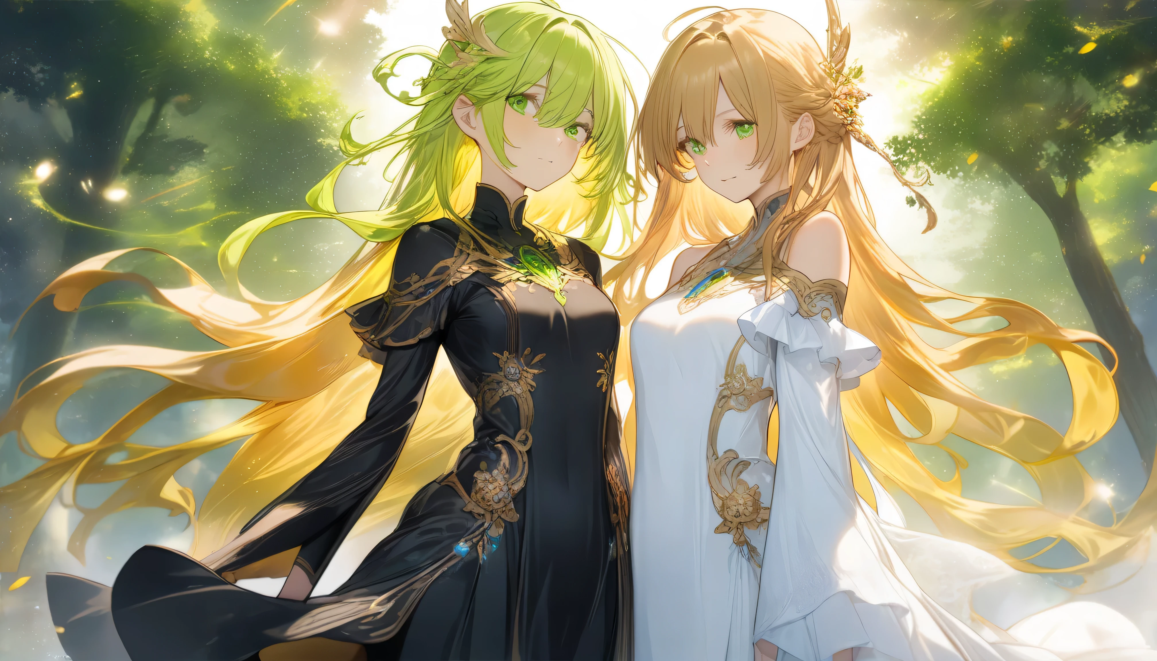 緑の草花がbackgroundの中,The sun shines brightly in a clear sky,(Normal number of fingers:1.3),(Green tree々There are 2 girls beside:1.5), The two gods 々 each face is delicate and beautiful ,facing the front,both have a mystical atmosphere like heavenly beings,Their gaze attracts viewers, They exude supernatural appeal, in the background , has golden wavy hair , and the other has deep, dark, lacquered hair , her hair flows gracefully on her shoulders , beautiful women stand side by side ,They are wearing white dress and black dress costumes, respectively, soft, fantastic light illuminates them,((background:1.3)(Upper body above the waist:1.1),Figure above the knee,top quality, high resolution,( HD:1.2), masterpiece, detailsなbackground,age beauty,( 非常にdetailsな顔:1.2), detailed expressions ,( details:1.2),altitude 2,