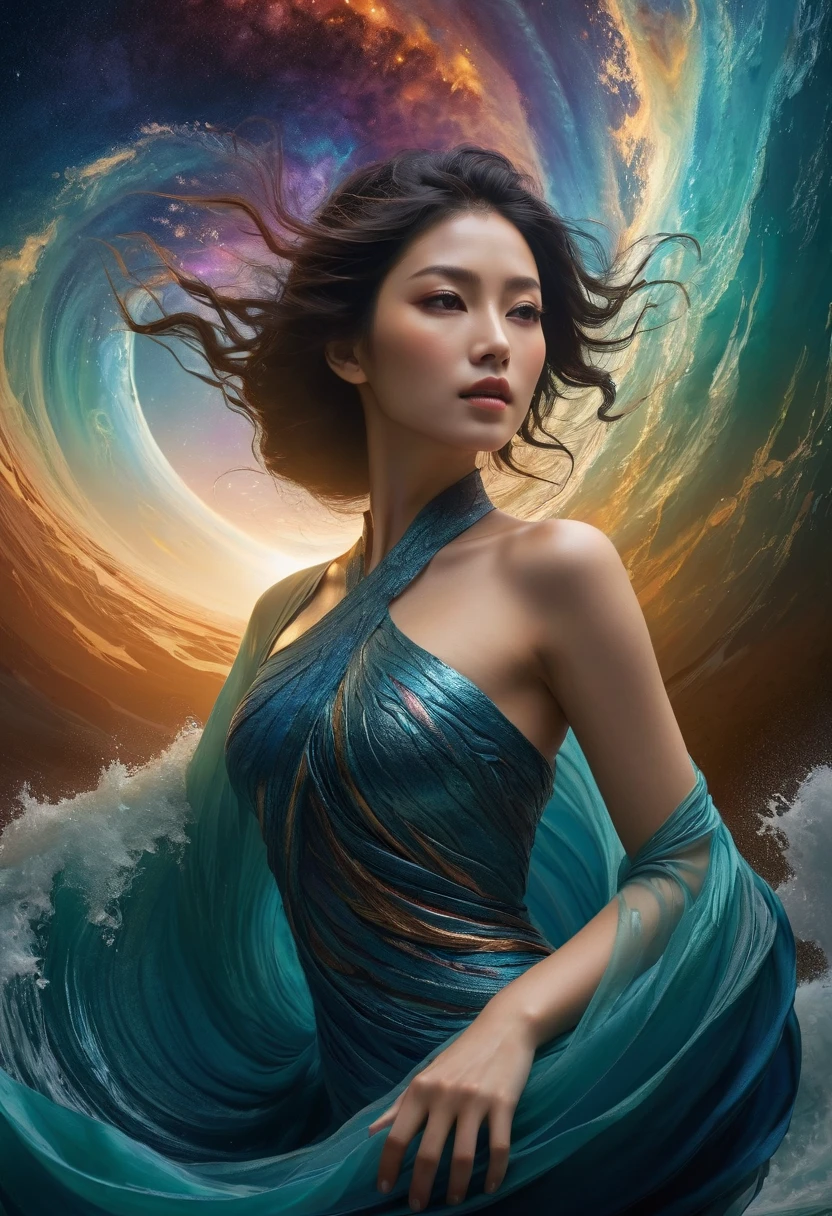 close-up, Vortex, wave, images in the style of contemporary dramatic art photography, as well as several body-fit dress goddesses, the women should be Asian, universe, ocean, nebula, spiral, life form, floating goddess, grandeur, medieval renaissance, Edo culture, Southeast Asian culture, Indian culture, Buddhist culture, pyramid, facing camera, photo, ultra-detailed, cinematic composition, dramatic lighting, subdued tones, best picture quality, 4K, 8K, high resolution, masterpiece, ultra-dense, real, photoreal,
