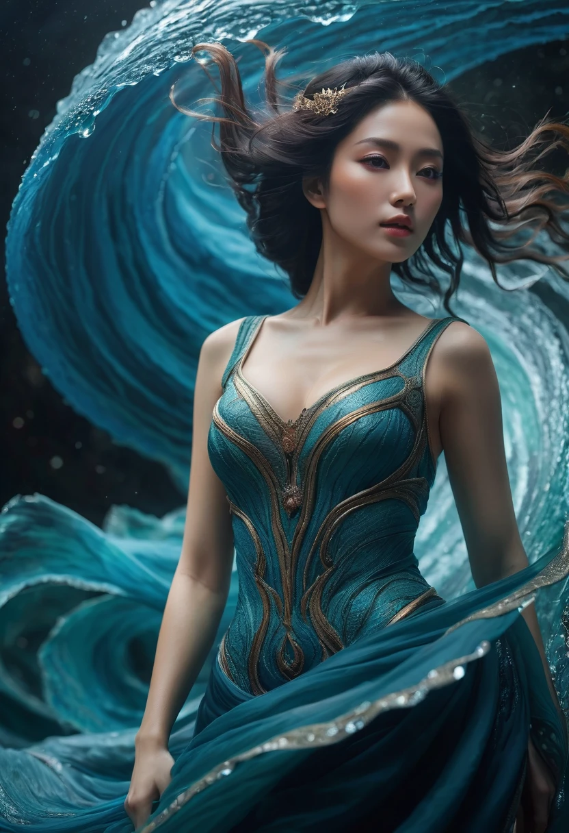 close-up, Vortex, wave, images in the style of contemporary dramatic art photography, as well as several body-fit dress goddesses, the women should be Asian, universe, ocean, nebula, spiral, life form, floating goddess, grandeur, medieval renaissance, Edo culture, Southeast Asian culture, Indian culture, Buddhist culture, pyramid, facing camera, photo, ultra-detailed, cinematic composition, dramatic lighting, subdued tones, best picture quality, 4K, 8K, high resolution, masterpiece, ultra-dense, real, photoreal,