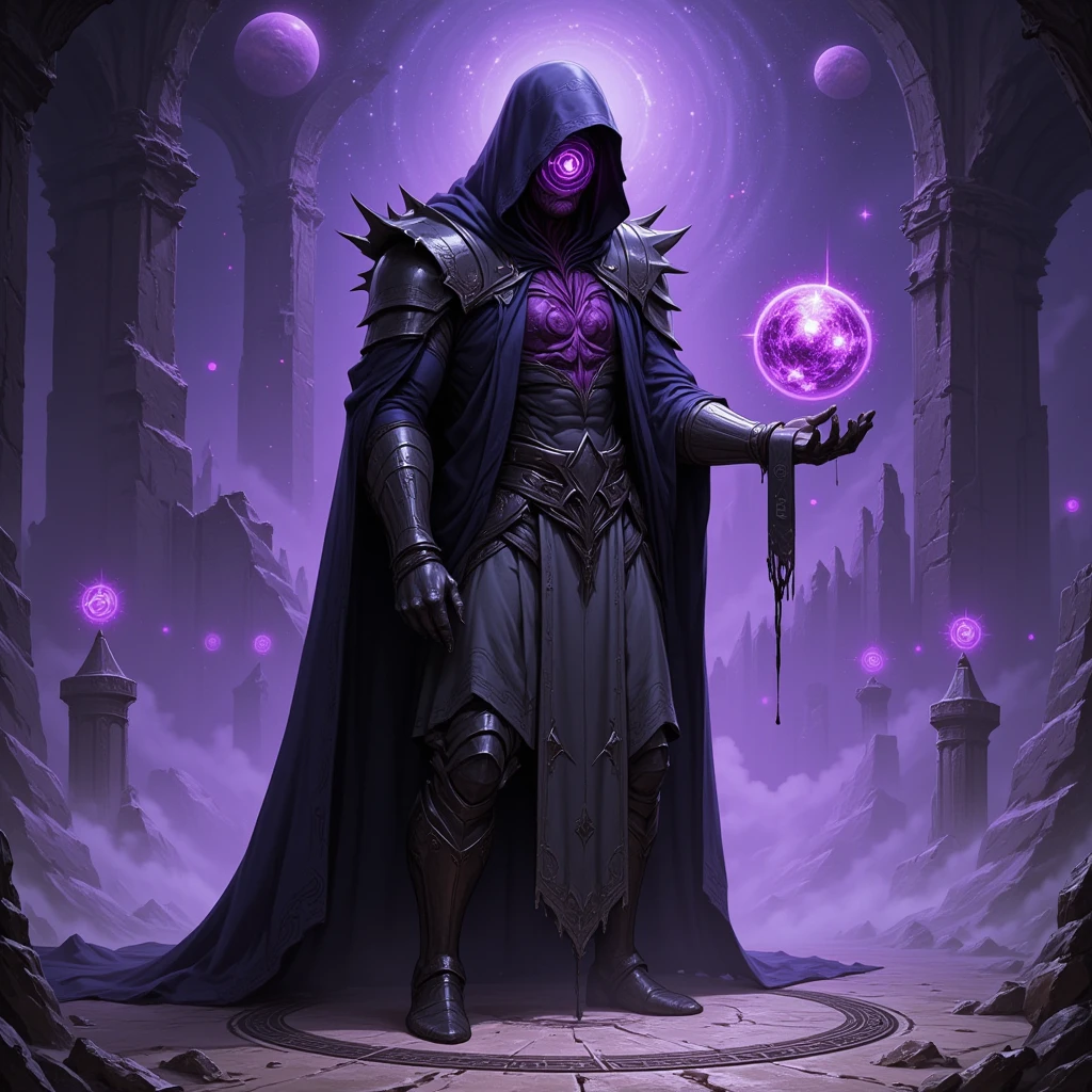 In the shadowed realm where the boundary between life and death blurs, there dwells a human necromancer whose soul burns with an unearthly purple hue. Once a scholar of forbidden arts, he delved into arcane secrets that shattered his mortal ties and bound him to the spectral energies of the beyond. Describe the necromancer's appearance: clad in robes of midnight velvet adorned with runes of ancient power, his eyes gleaming with a haunting radiance that mirrors the color of his soul. Detail the necromancer's mastery over death: commanding legions of spectral minions and communing with restless spirits to unearth long-buried secrets or bend the will of the deceased to his dark bidding. Explore his motivations: whether driven by a quest for immortality, vengeance against those who wronged him, or a desire to rewrite the laws of life and death itself. In a world where necromancy is both feared and coveted, unravel the necromancer's journey as he navigates the perilous paths of power and the ever-present threat of succumbing to the darkness that fuels his abilities.