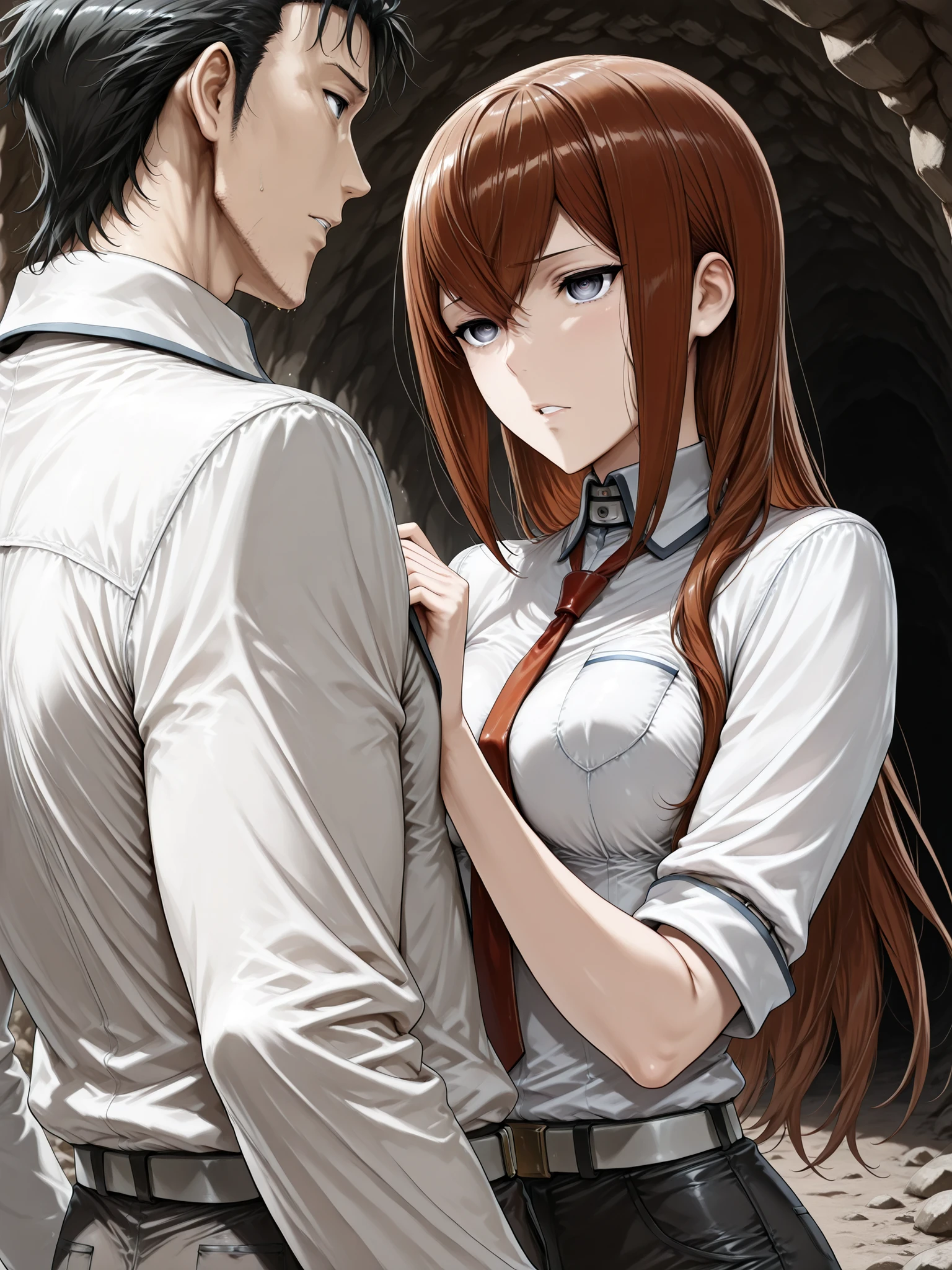 ((Best Quality)),( super high definition),(Super detailed),( detailed description ),((The best CG)),(masterpiece),  dark dungeon,dark cave,lanthorn,(1boy and 1girl,1boy is a Okabe rintaro,1girl is a Makise Kurisu,the boy protects the girl,the girl is no jacket )deep kissing 