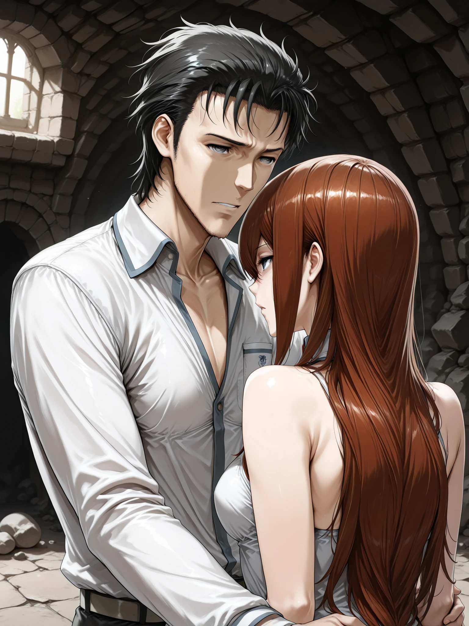 ((Best Quality)),( super high definition),(Super detailed),( detailed description ),((The best CG)),(masterpiece),  dark dungeon,dark cave,lanthorn,(1boy and 1girl,1boy is a Okabe rintaro,1girl is a Makise Kurisu,the boy protects the girl,the girl is no jacket )deep kissing 