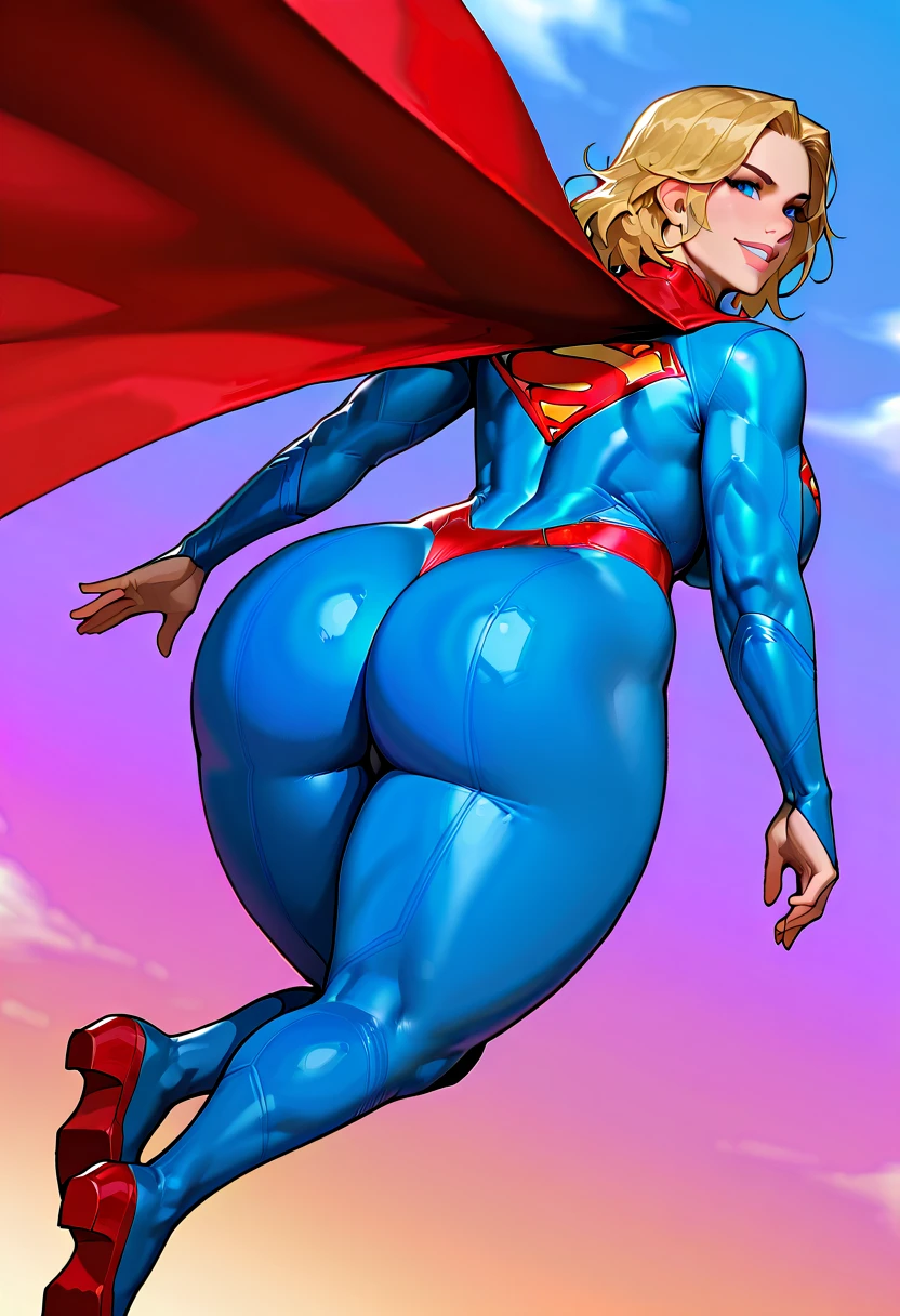 (Muscular:2), (thick thighs:2),
blonde female, (supergirl), (big smile:1.7), (blunt bangs), (ponytail:0.9),
earrings, lipstick, eyeshadow,
hard nipples, (small breasts:2),
(full body suit, blue bodysuit:1.6), (small cape:1.4), (choker:1.2),
looking at viewer, turned around, from behind, (upper body view:2.1),
(sky and clouds background:1.3), rim lighting, two tone lighting, dim lighting, bokeh, detailed skin, detailed eyes