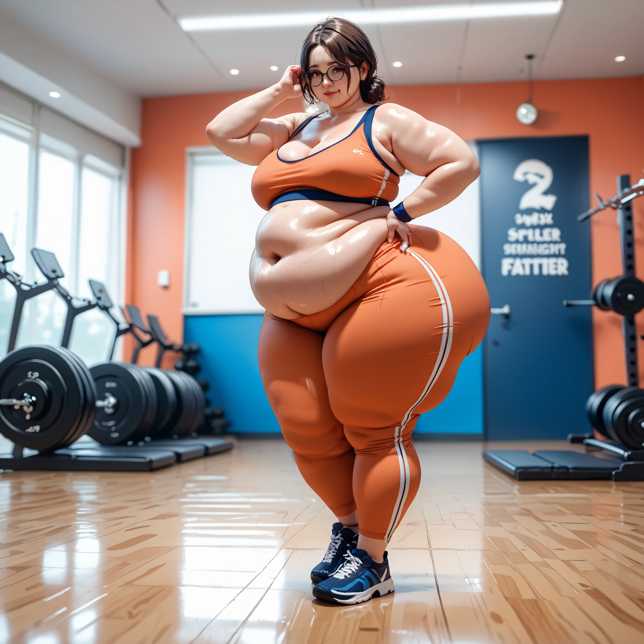 "An ultra-detailed 8k masterpiece of better quality and high saturation well focused. The image features an outfit illustration featuring a stunning stunning plus size African beauty woman wearing a super tight orange leggings outfit including super tight open shirt, F cup, white sneakers and a blue background, long legs."