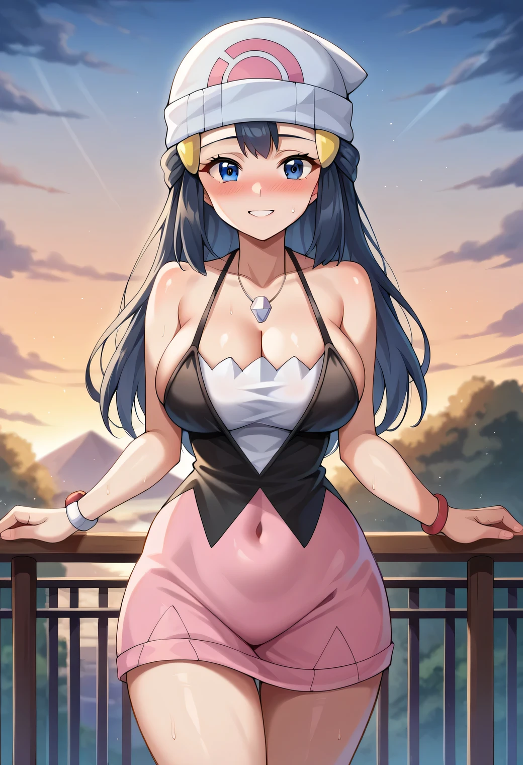 score_9, score_8_up, score_7_up, source_anime, pokemondawn, pokemon dawn, black hair, blue eyes, sidelocks, long hair, bare shoulders, beanie,, hat, jewelry,,, white headwear,, blush,, looking at viewer, cowboy shot, CLEAVAGE, LARGE BREASTS, looking at viewer, nose blush, shiny legs, shiny body, shiny hair, STANDING, POSING, smiling slightly, standing in a relaxed pose., TIGHT CLOTHES, DYNAMIC POSE, MATURE FEMALE BODY, in a cross-laced velvet monokini with wide chest cutouts and no sides, exposing her waist and hips, held together by silver rings. She wears lace-up stiletto heels and leans against a smooth glass railing on a rooftop terrace bathed in warm sunset glow