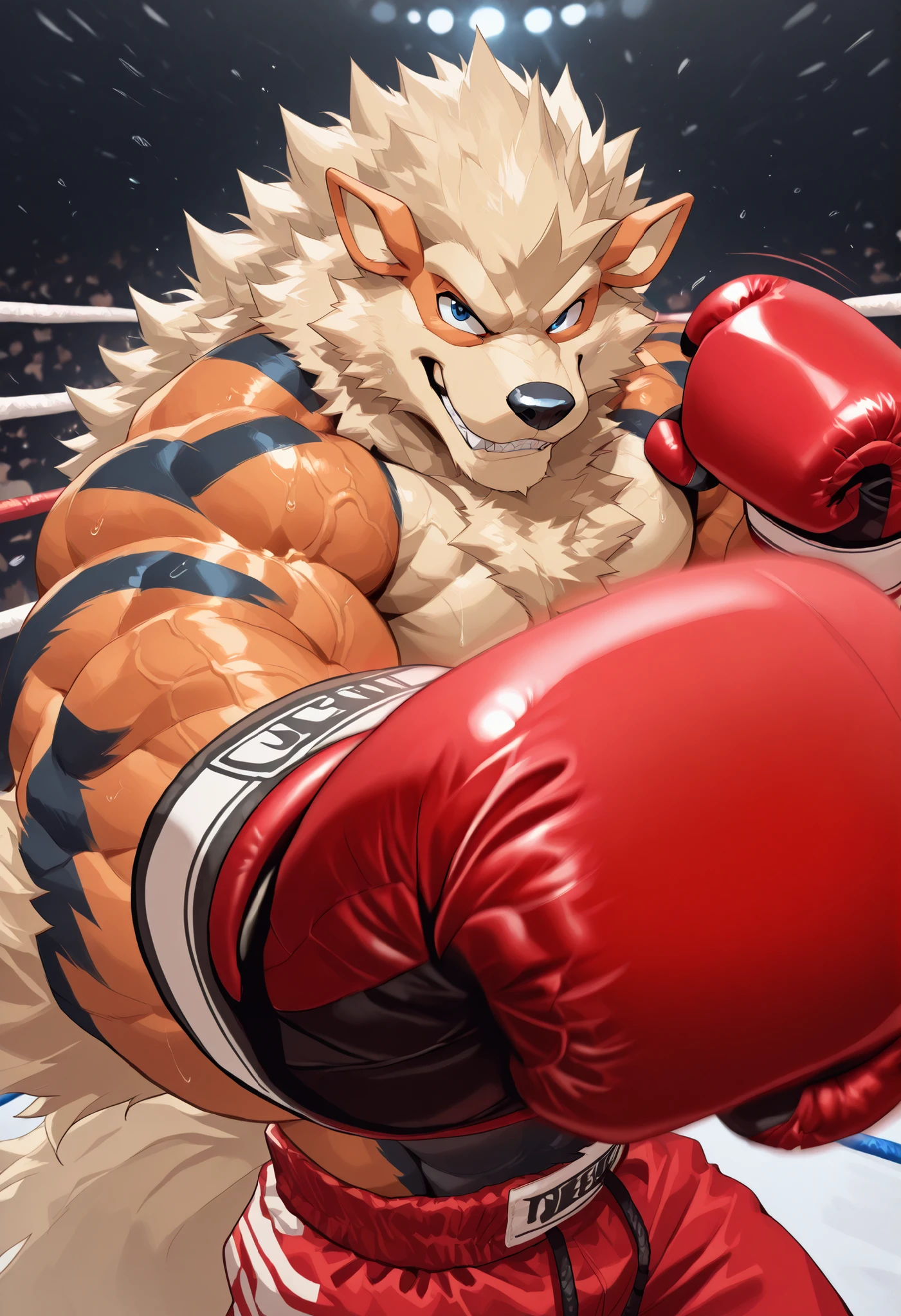 zPDXL3, pov_boxing, mercilessly punching_the_viewer, foreshortening, motion blur, red boxing gloves, red boxing trunks, depth of field,  extreme perspective, closeup, action shot, boxing, dynamic punching pose, motion lines, impact lines, mercilessly punching the viewer, chopped head, boxing ring background, BREAKER Arcanine, heavywait boxing champion, furry male, heavy muscular, veiny muscles, looking at viewer, cruel smile, brutal eyes, large pectorals,
