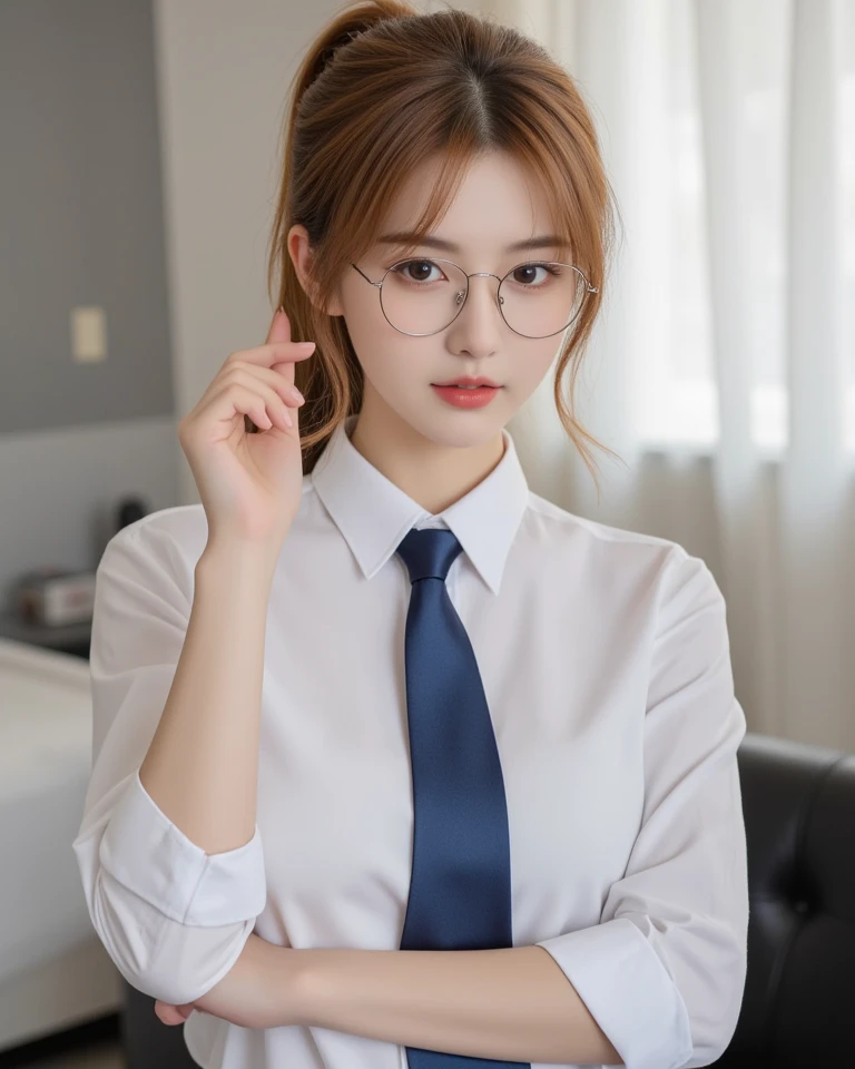 1girl, masterpiece, high_quality, office_uniform, glasses, brown_hair, white_shirt, black_necktie, cowboy_shot