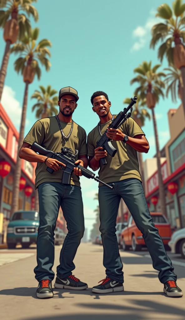 photo 8K Ultra HD, Masterpiece, best quality, extremely Realistic, full body view. GTA gang war. Happy black men with AK-47 are looting chinese shop. Setting is sunny Los Santos, palms. [[[[deformed limbs, blurry, low quality, cartoonish, flat colors, symmetry, extra fingers.]]]]