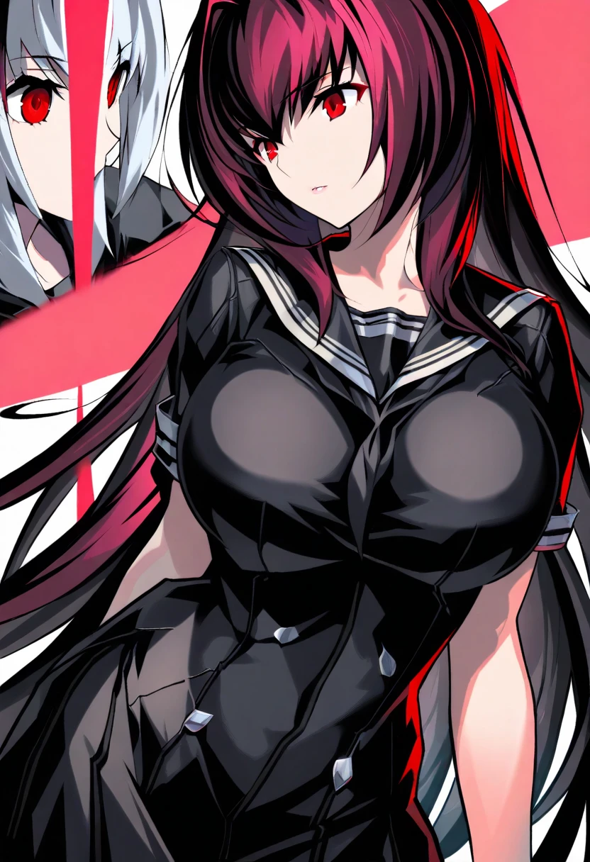 A busty girl with long dark blue hair and red eyes dressed in black and white