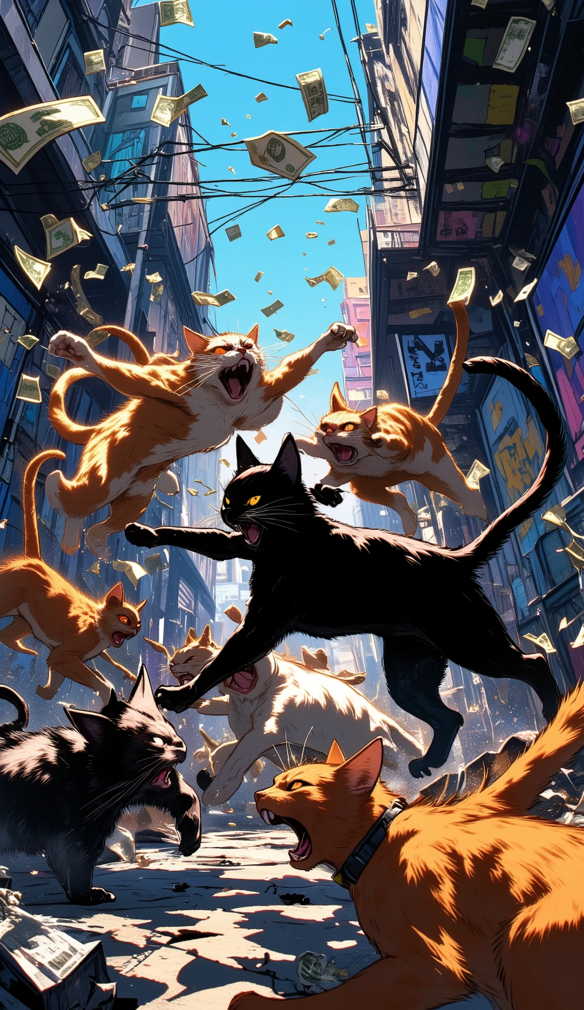 (最高傑作、最高傑作、32K, 受賞作品), GTA-style animation, cats fighting over territory in the back streets of Los Santos, bills flying, , cat punches,