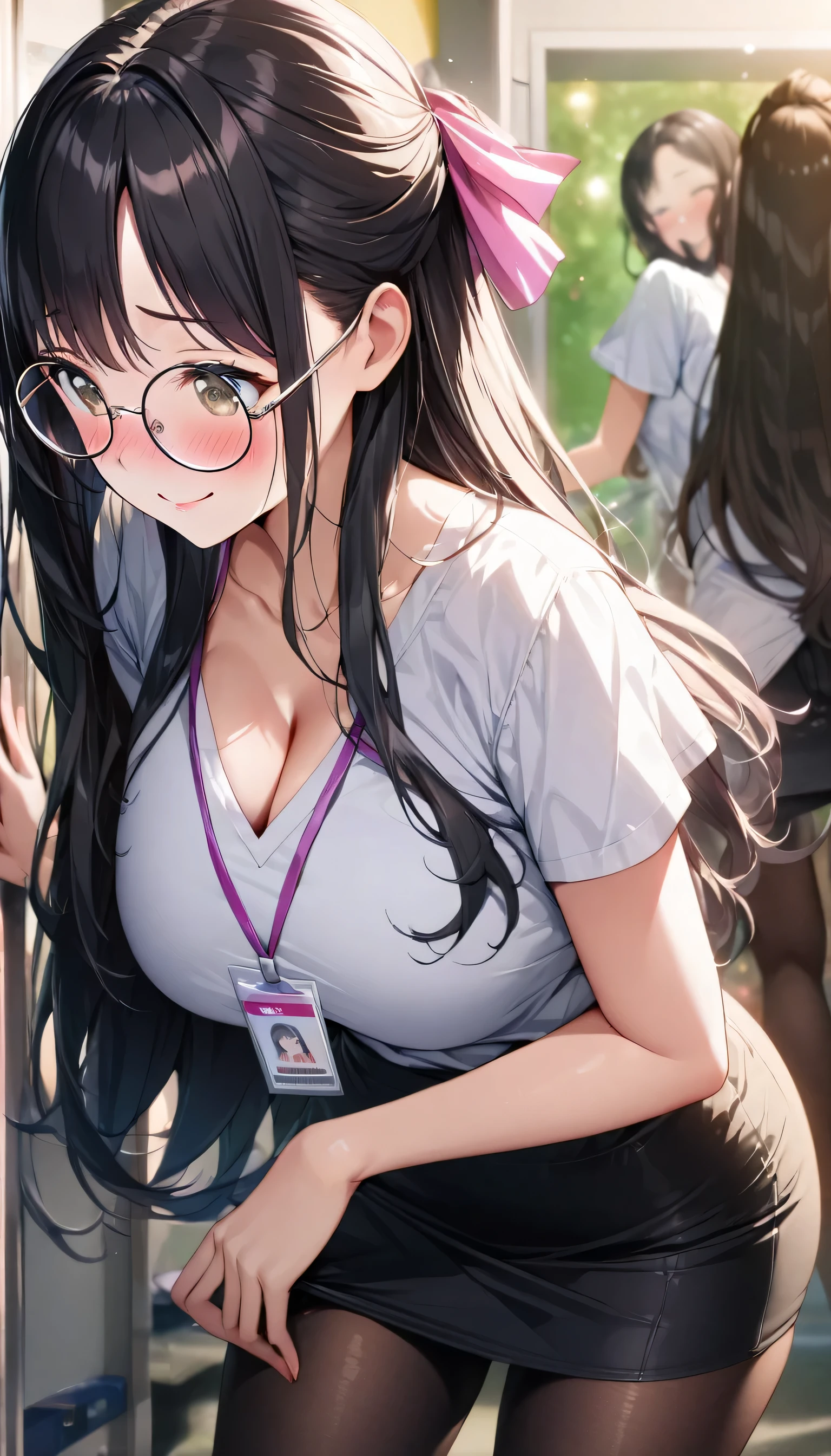 ((ultra-detailed)), (highly detailed CG illustration), (best quality:1.2), ultra-highly detailed, colorful composition, ((peeping photo)), 1 girl, solo focus, ((thigh to top)), ((cowboy shot)), moe anime character, girl, dainty facial structure, (baby face), (round face), ((rounded chin:1.2)), ((ideal ratio body proportions)), celia-default, celia claire, brown eyes, sparkle eyes, ((wearing glasses:1.3)), ((round eyewear:1.3)), ((black hair color:1.3)), long hair, half updo, (hair ribbon with red), ample breasts, ((V neck shirt with white:1.2)), ((open clotch)), (ID card holder), ((black tight skirt that is about to be taken off:1.3)), ((black tights:1.3)), white bra, white panties, leaning forward, ((shy:1.2)), ((blush:1.2)), ((looking away)), ((changing clothes)), ((standing in the women's changing room)), ((there are only girls in the room:1.3)), ((girls in underwear changing clothes:1.3)), ((from behind:1.3)), ((back shot:1.3)), dynamic pose, contrapposto pose, best quality, masterpiece, expecting, pink cheek, blush, light pink gloss slip, portrait, depth of field, soft lighting, eiling lighting, (shine), lighting, caustics, ray tracing, smile, perfect face, lustrous skin, highly detailed face, highly detailed eyes, perfect face, perfect nose, perfect hair, perfect eyes, perfect anatomy, beautiful hair, beautiful small face, extremely detailed face, beautiful detailed eyes, beautiful clavicle, beautiful body, beautiful huge breasts, leavage, breasts squeezed together, equalize the size of the left and right breasts, beautiful thin thighs, beautiful legs, beautiful fingers, 4 fingers, 1 thumb, lovely, (very detailed background:1.0), (highly detailed background:1.0), spring aesthetic, intricate details, Secretly filmed atmosphere, spring colors palette, chromatic aberration