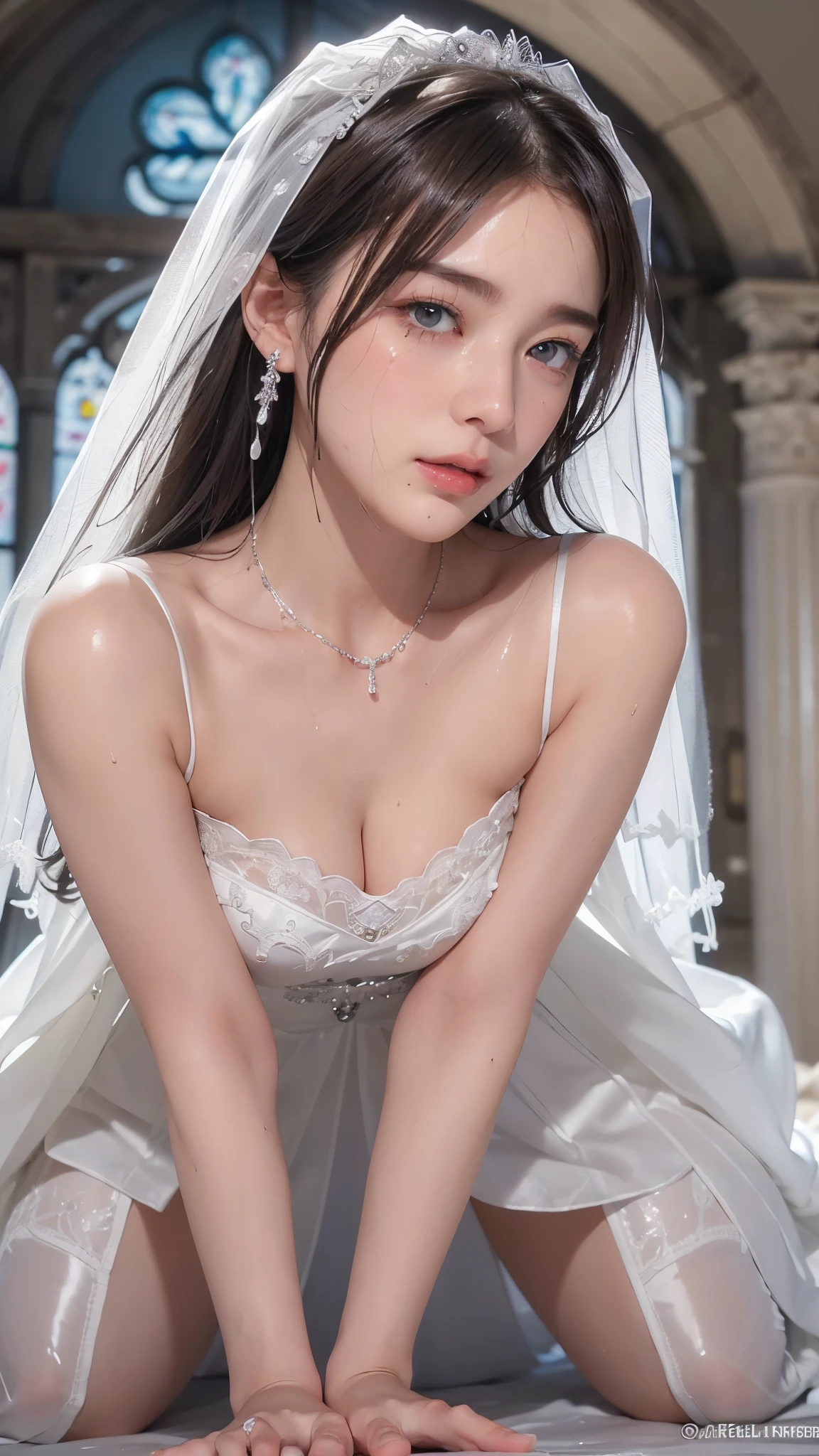 1 miniature Beautiful beautiful woman - Yuan Sayuki, ((top quality, 8K, Masterpiece:1.retty woman, 1 woman, huge breasts:1.3, a slim body:1.1, lush white short hair, (shower, wet body, wet clothes:1.1), very detailed face, detailed lips, detailed eyes, double eyelids, Detailed blue eyes, чрезвычайно Detailed Outstanding Blue Eyes, short white wet hair, white wet hair, Detailed Outstanding Blue Eyes, innocent look at the viewer, very wet wavy white hair, Detailed Outstanding Blue Eyes, huge cross earrings, Outdoors, badges behind, gothic wedding uniform, sexy gothic style wedding dress with veil, bare chest, huge chest tattoo wearing a wreath, detailed huge earrings, chest tattoo, Outside - there are trees and a buddhist temple in the background, wear a silver cross (Detailed cross shape), reality mode, wet breasts, black necklace, black wedding dress and black veil, human crowd behind, head/forehead chain veil, black latex gloves, naked breasts, naked breasrs, naked nipples, hair of white snowy colour