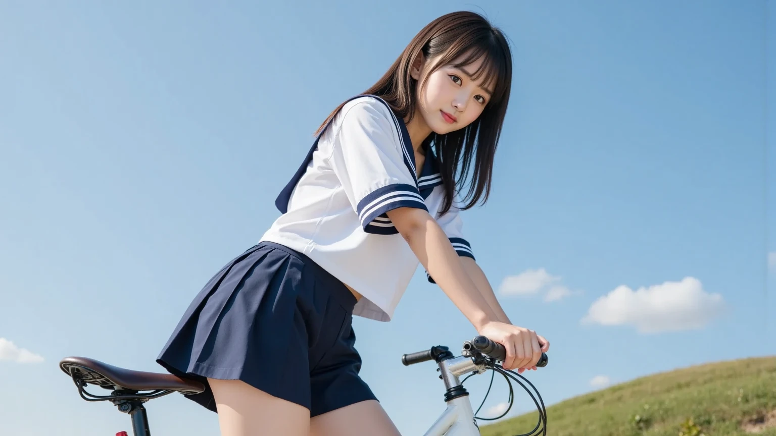 (riding a bicycle: 1.5), a strong wind is blowing and her skirt is billowing, (exposed panty:1.5), japanese riding a bicycle with her panties pulled down to show her, japanese girl , young sensual gravure idol, young gravure idol, young pretty gravure idol, young skinny gravure idol, kubo shiori, japanese model, cute , wearing skirt and high socks, giantess, giantess shot, realistic young gravure idol, highly detailed giantess shot, realistic , extremely detailed giantess shot, macro giantess, wearing japanese , school girl, umi shinonome, beautiful teen
