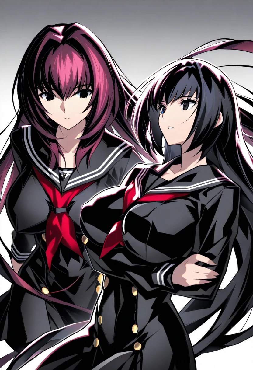 High detailed, 3 girls, matching hairstyles, matching uniforms, matching sizes, violet eyes, purple tones colored hair, huge long hair, busty, chunky body, yellow genetics's uniform, Juliet sleeves, deep cleavage, white skirt, genetics's uniform, juliet sleeves, genetics's uniform, posing together