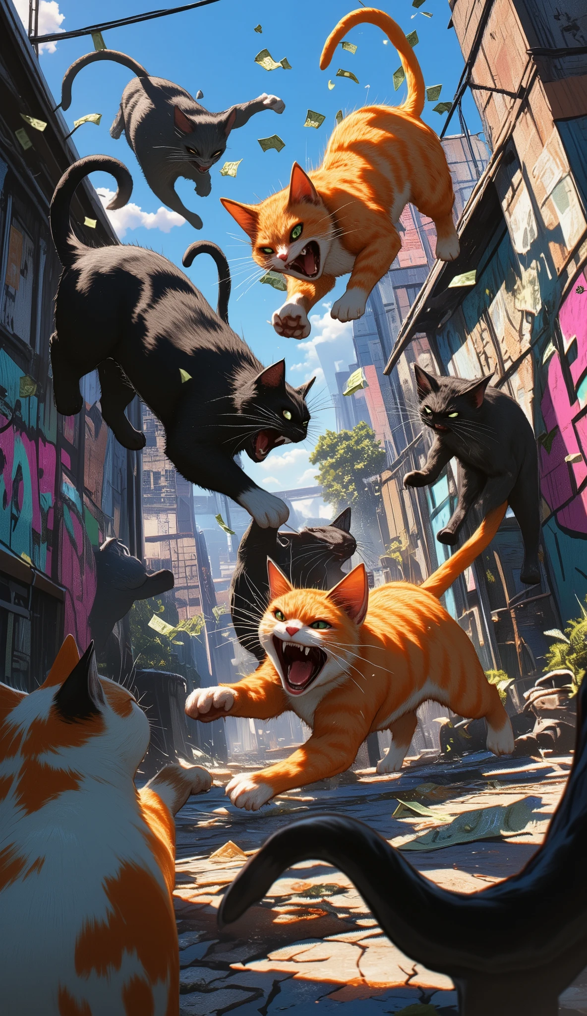 (最高傑作、最高傑作、32K, 受賞作品), GTA-style animation, cats fighting over territory in the back streets of Los Santos, bills flying, , cat punches,