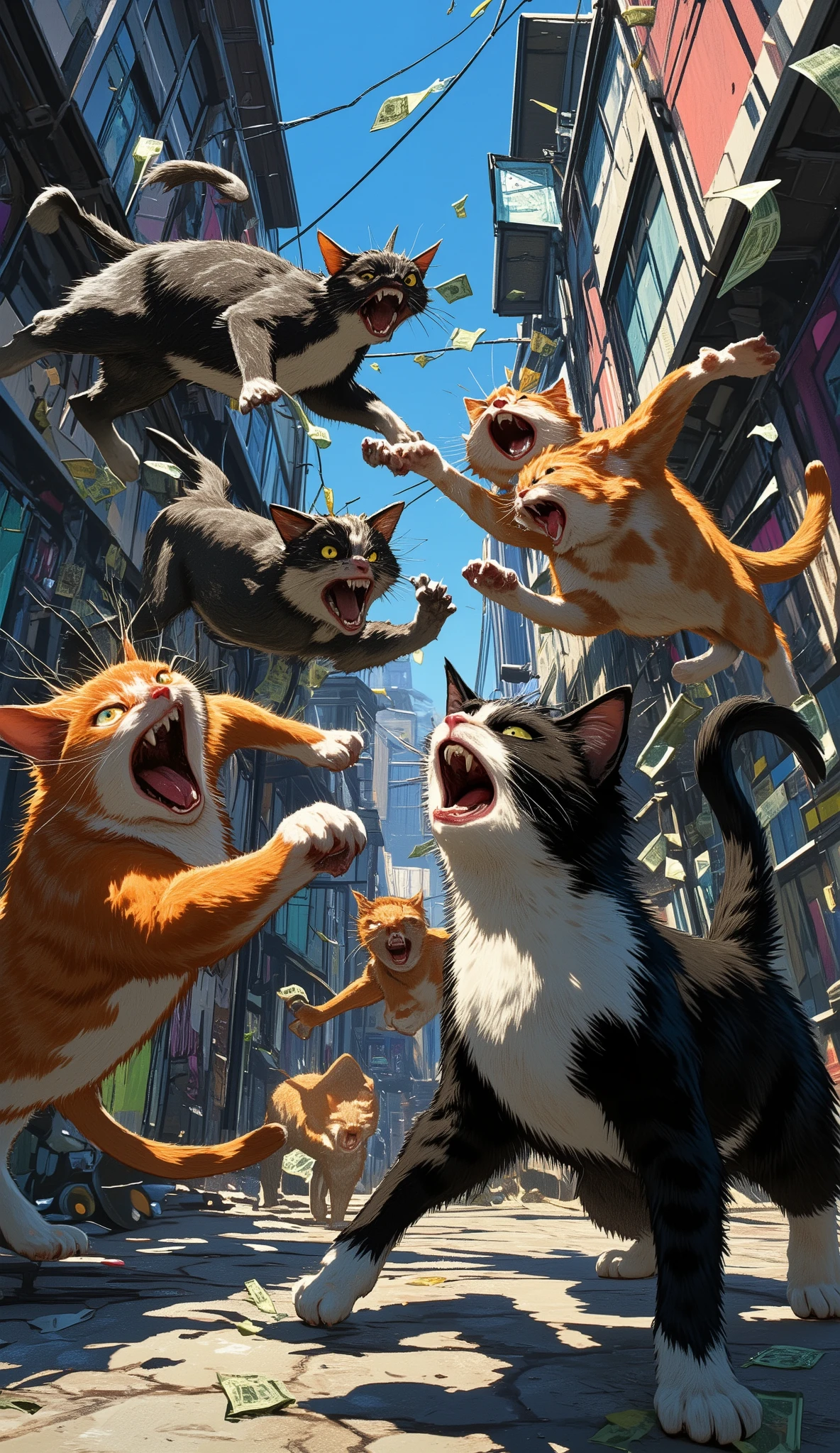 (最高傑作、最高傑作、32K, 受賞作品), GTA-style animation, cats fighting over territory in the back streets of Los Santos, bills flying, , cat punches,